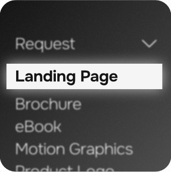 Mobile menu displaying options: Request, Landing Page, Brochure, eBook, Motion Graphics, Product Logo.