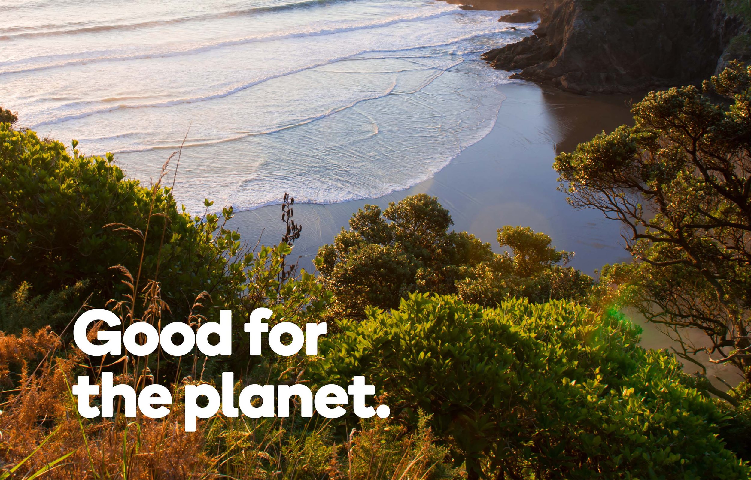 Good for the planet slogan on a photo of a beautiful New Zealand coastline.