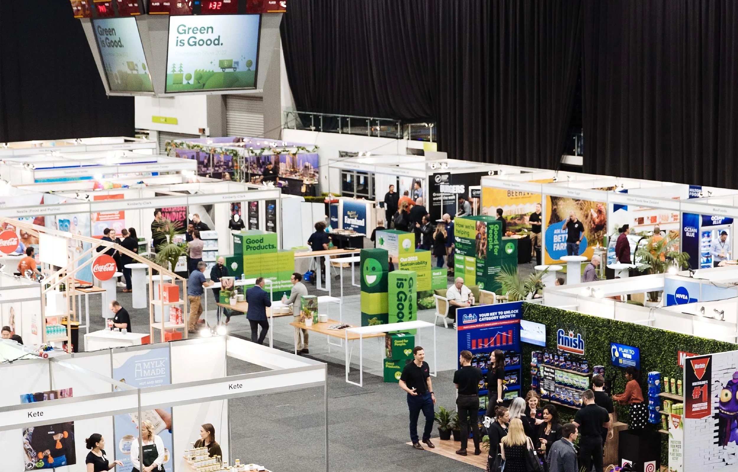 High angle photo of the Countdown Green is Good trade show stand.