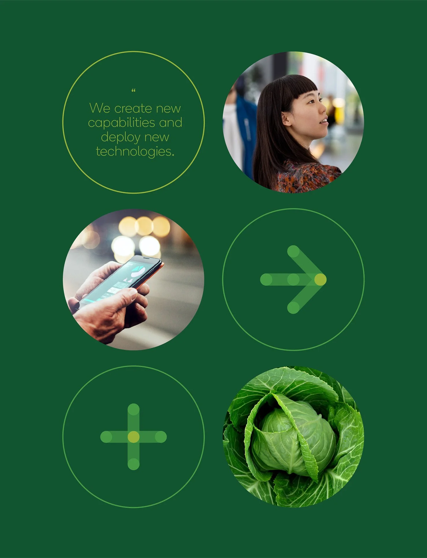 Green background with images of a woman, a smartphone, and a head of lettuce, along with arrows and a quote about creating new capabilities and deploying new technologies.