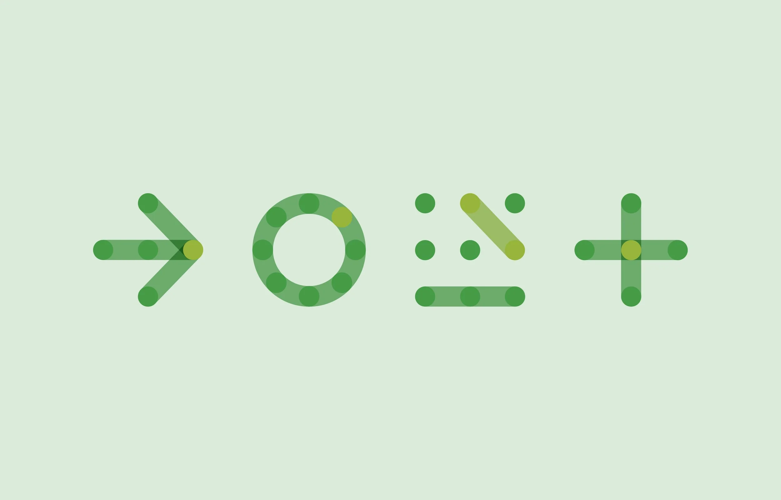 Coutndown X iconogtaphy comprising of a green chevron arrow, followed by a circle, a division symbol, and a plus sign, all made of green dots on a light green background.