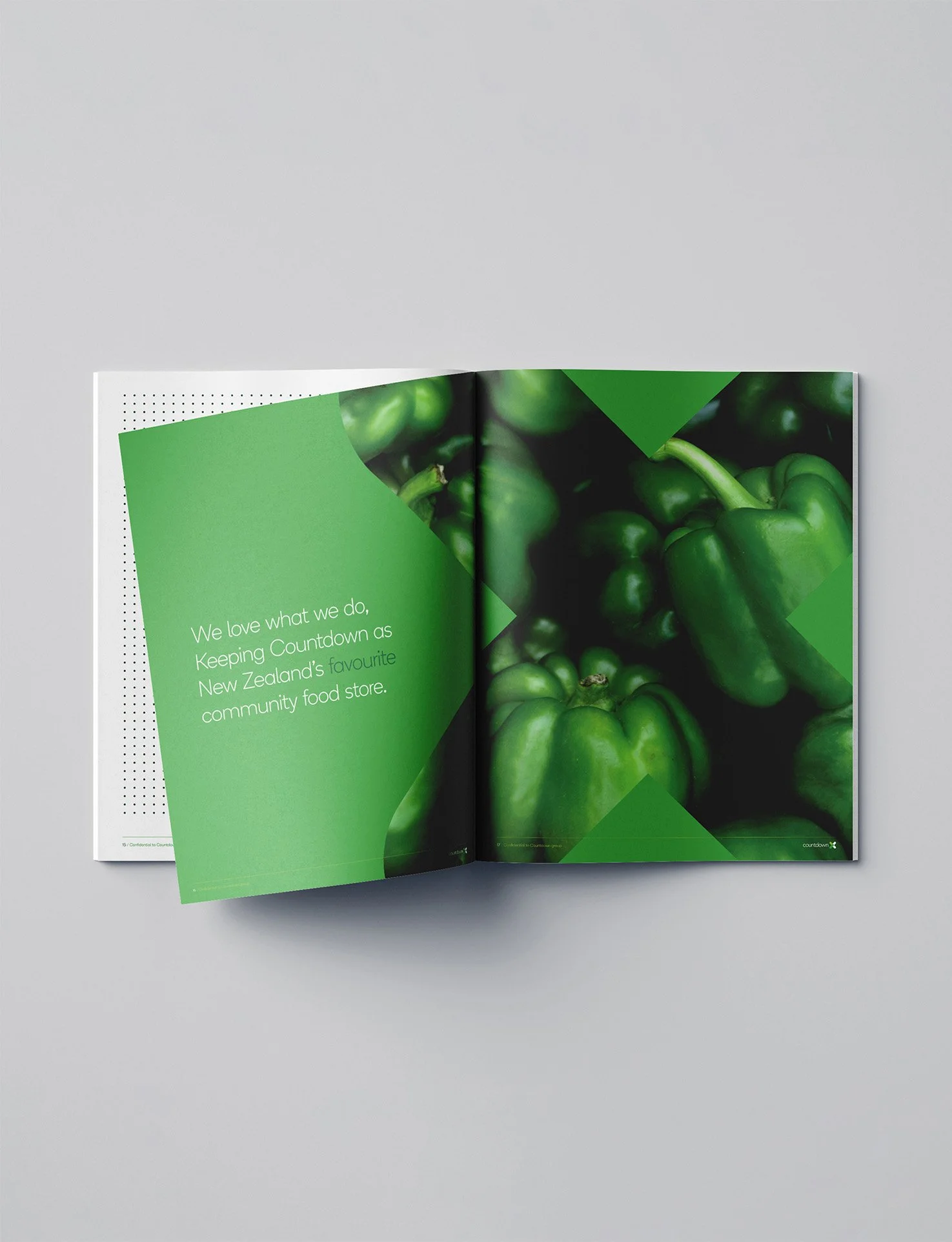 Open magazine with a green-themed page on the left and a large image of green bell peppers on the right.