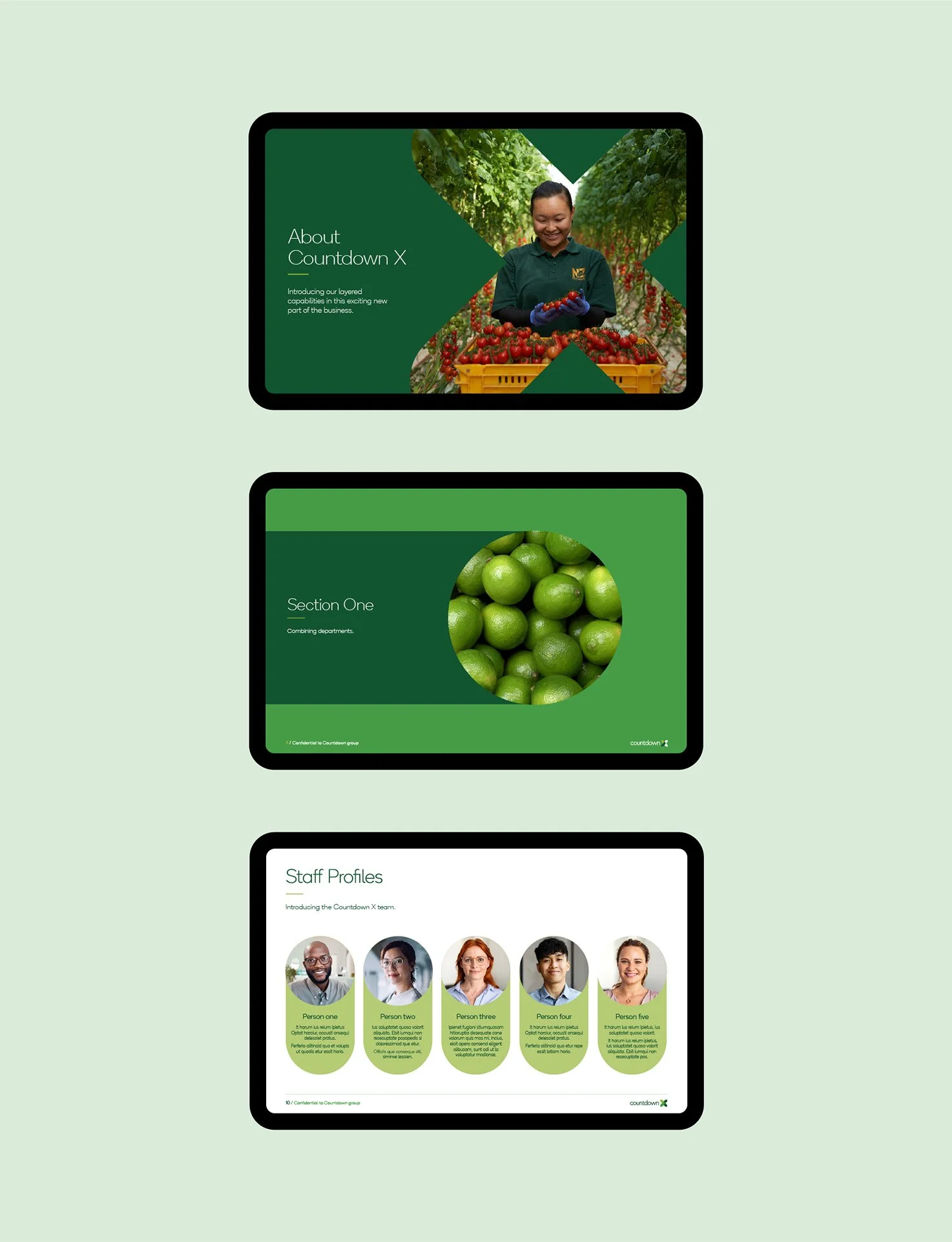 Three presentation slides on tablets with green-themed content. The first slide shows a woman inspecting tomatoes in a greenhouse, with the text 'About Countdown X.' The second slide features a close-up of green limes, titled 'Section One.' The third slide introduces staff profiles with photos and descriptions of five team members.
