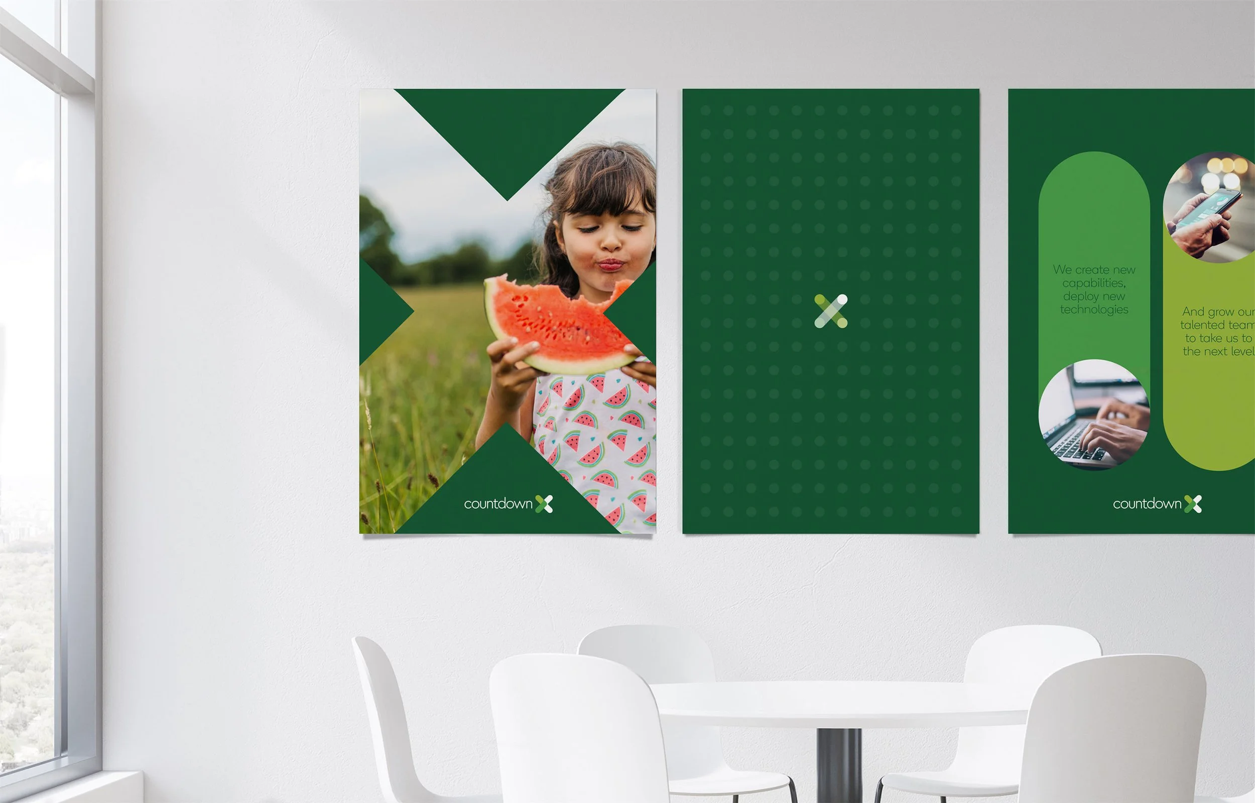 Poster of a young girl holding a slice of watermelon in a field with green trees in the background, with a modern green and white design and the word "countdown" at the bottom.