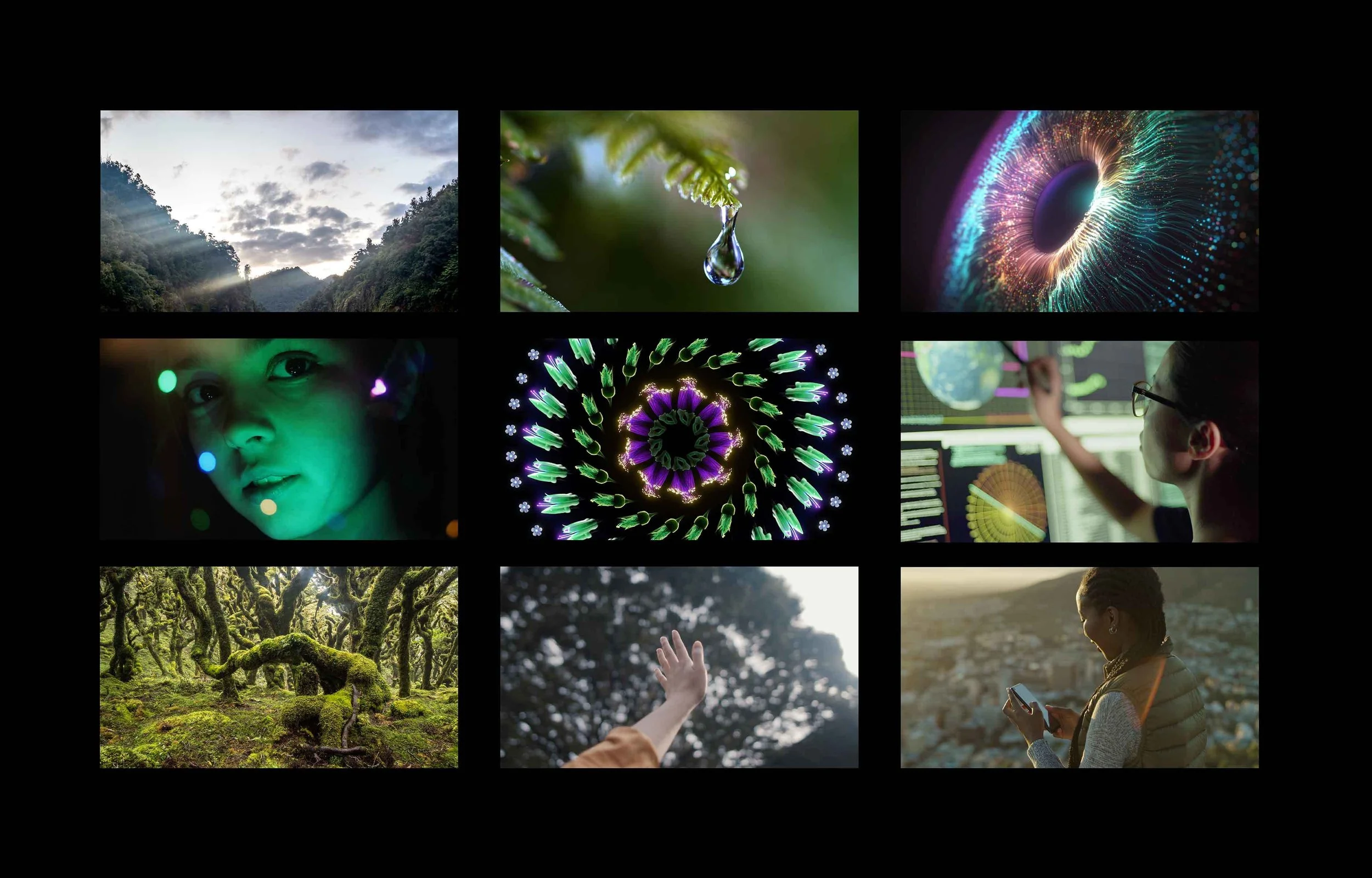 A collage of nine images: 1) Mountain landscape with cloudy sky; 2) Close-up of a water droplet on a leaf; 3) Abstract colorful light pattern resembling an eye; 4) Child with glowing dots on face in dark room; 5) Spiral of green plant-like structures with glowing tips; 6) Scientist analyzing data on computer screens with scientific visuals; 7) Forest with moss-covered trees; 8) Person reaching out to the sky outdoors; 9) Woman looking at her phone with a cityscape background.