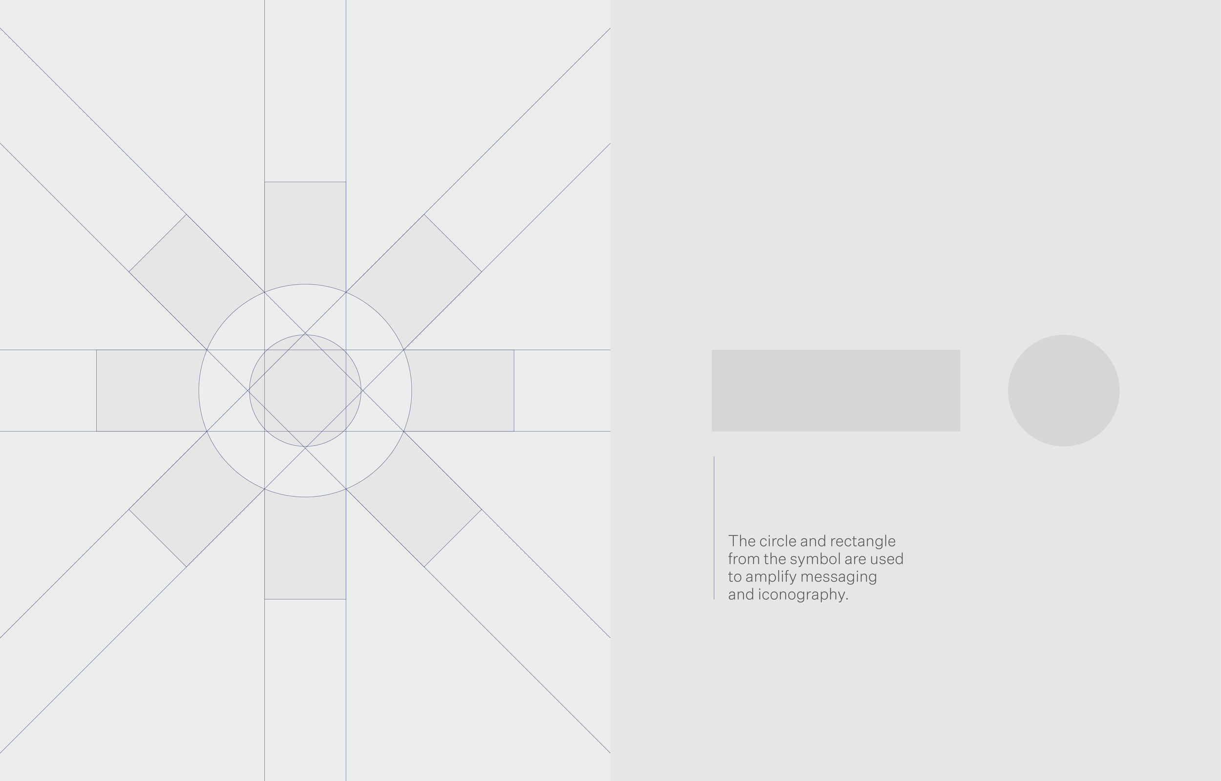 Grey abstract design with geometric shapes and lines, including a circle, rectangle, and a dot, with accompanying text about using shapes for messaging and iconography.