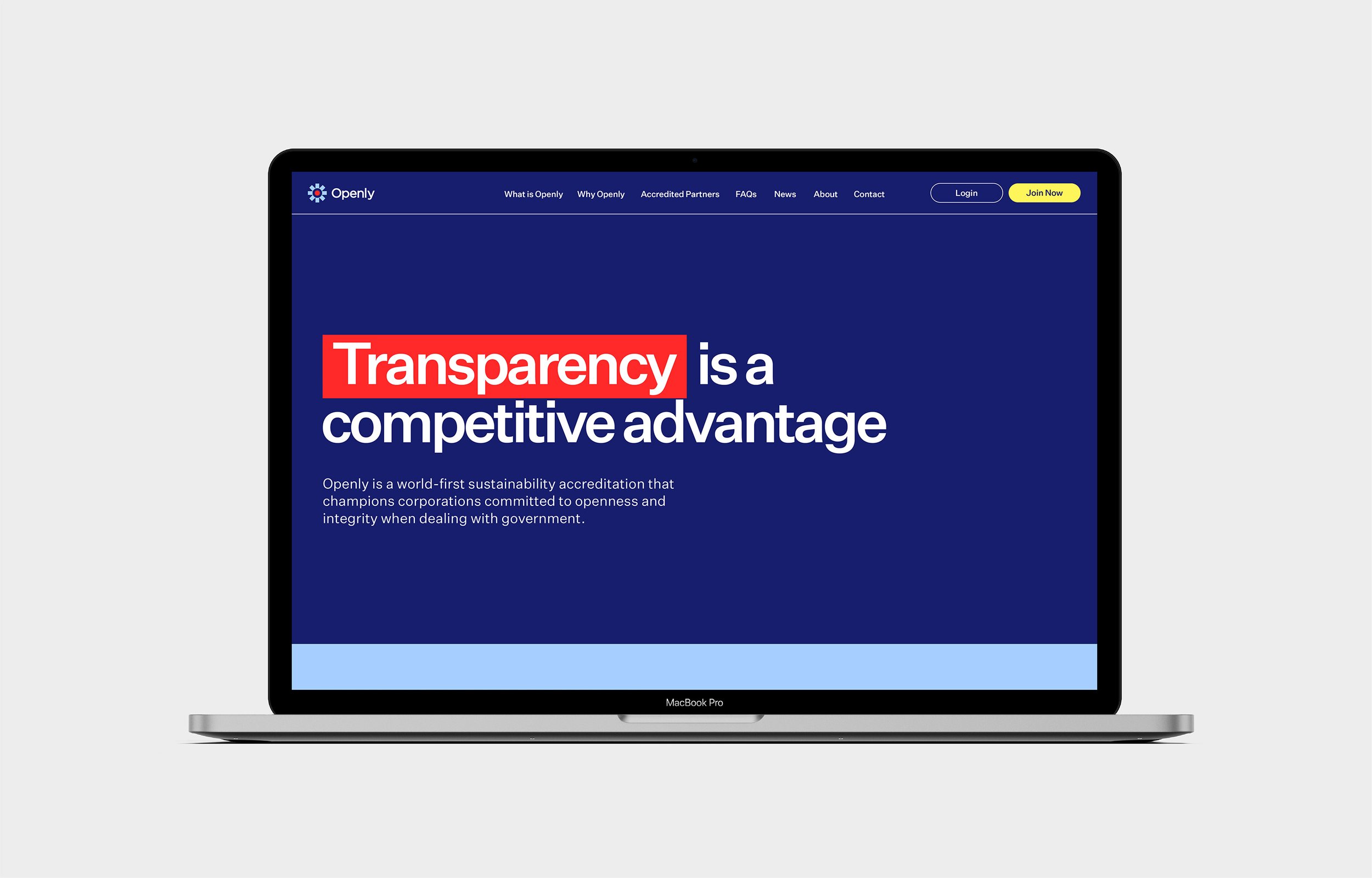 A MacBook Pro displaying a website with the headline 'Transparency is a competitive advantage' on a dark blue background with a navigation menu and call-to-action buttons.