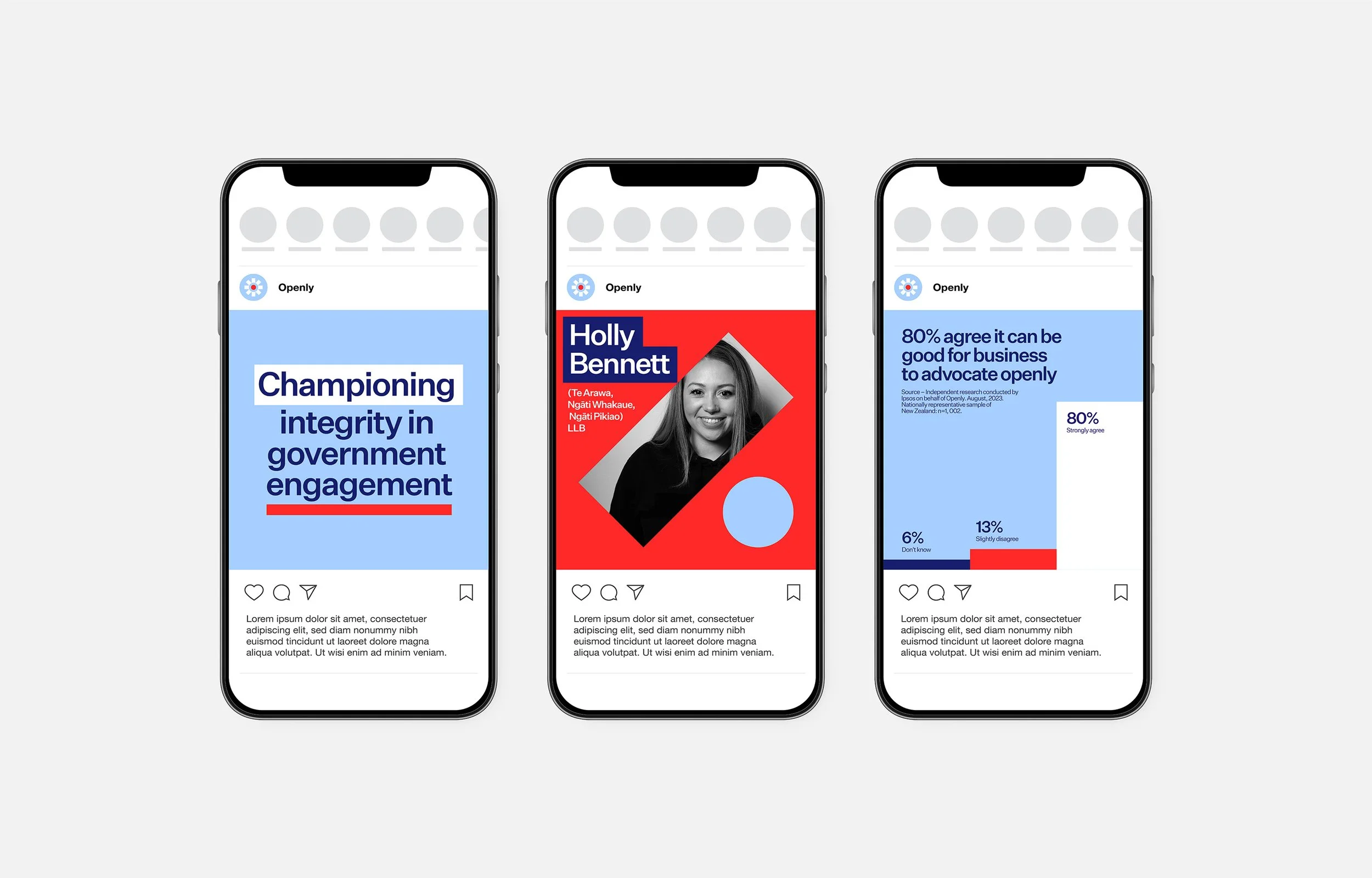 Three smartphones displaying social media posts with data and profile images, focusing on government engagement and polling results.