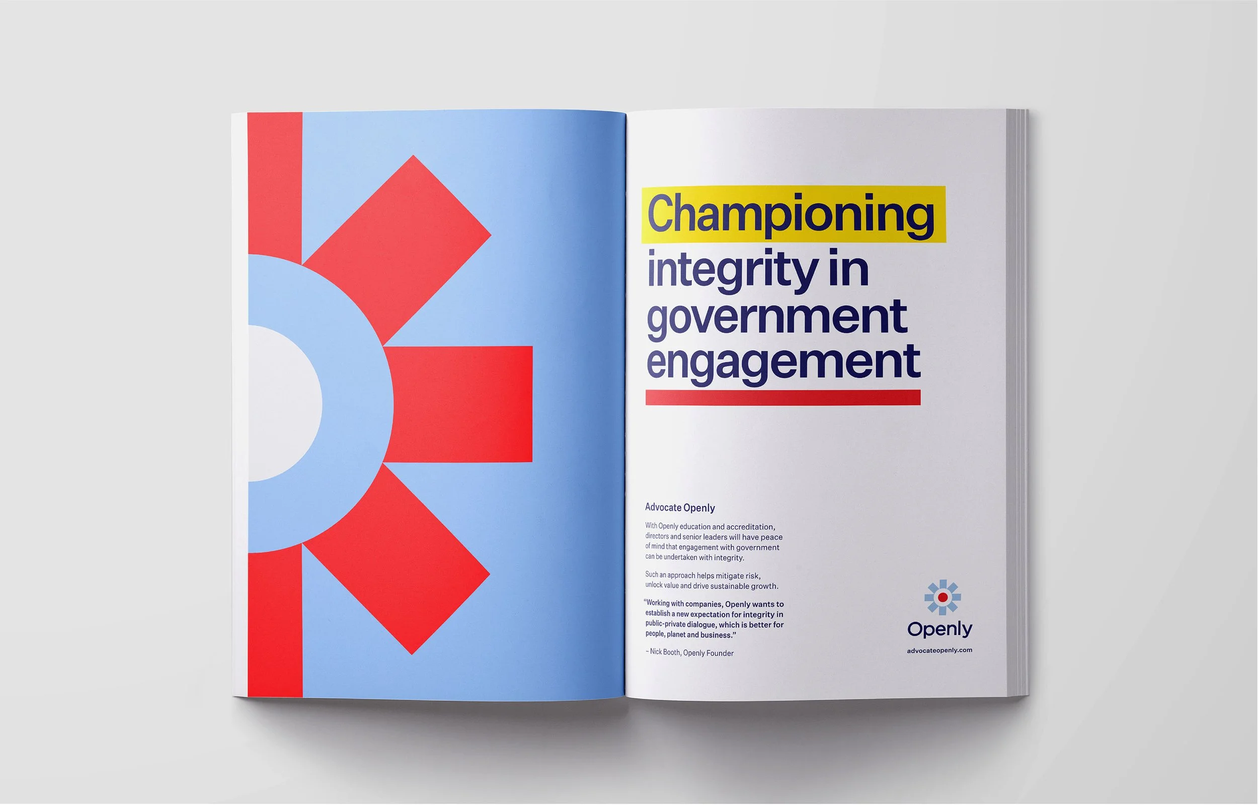 Openly magazine open to a two-page spread; left page has a blue background with a red and light blue geometric design, right page has text with the headline 'Championing integrity in government engagement' and a logo at the bottom.
