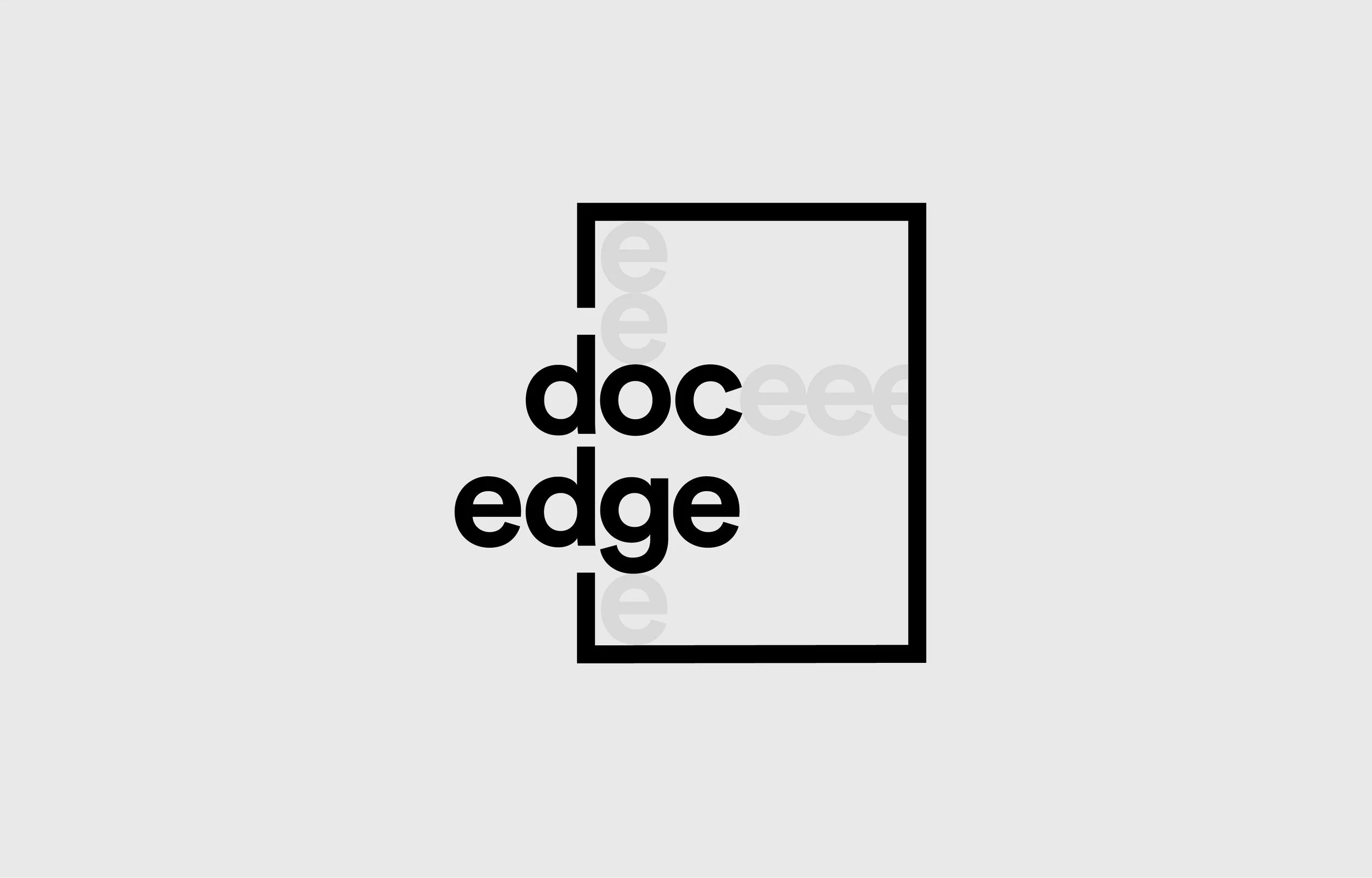 A working visual of the words "doc edge" inside a black rectangular outline, with grey repeating "ee" in the background.