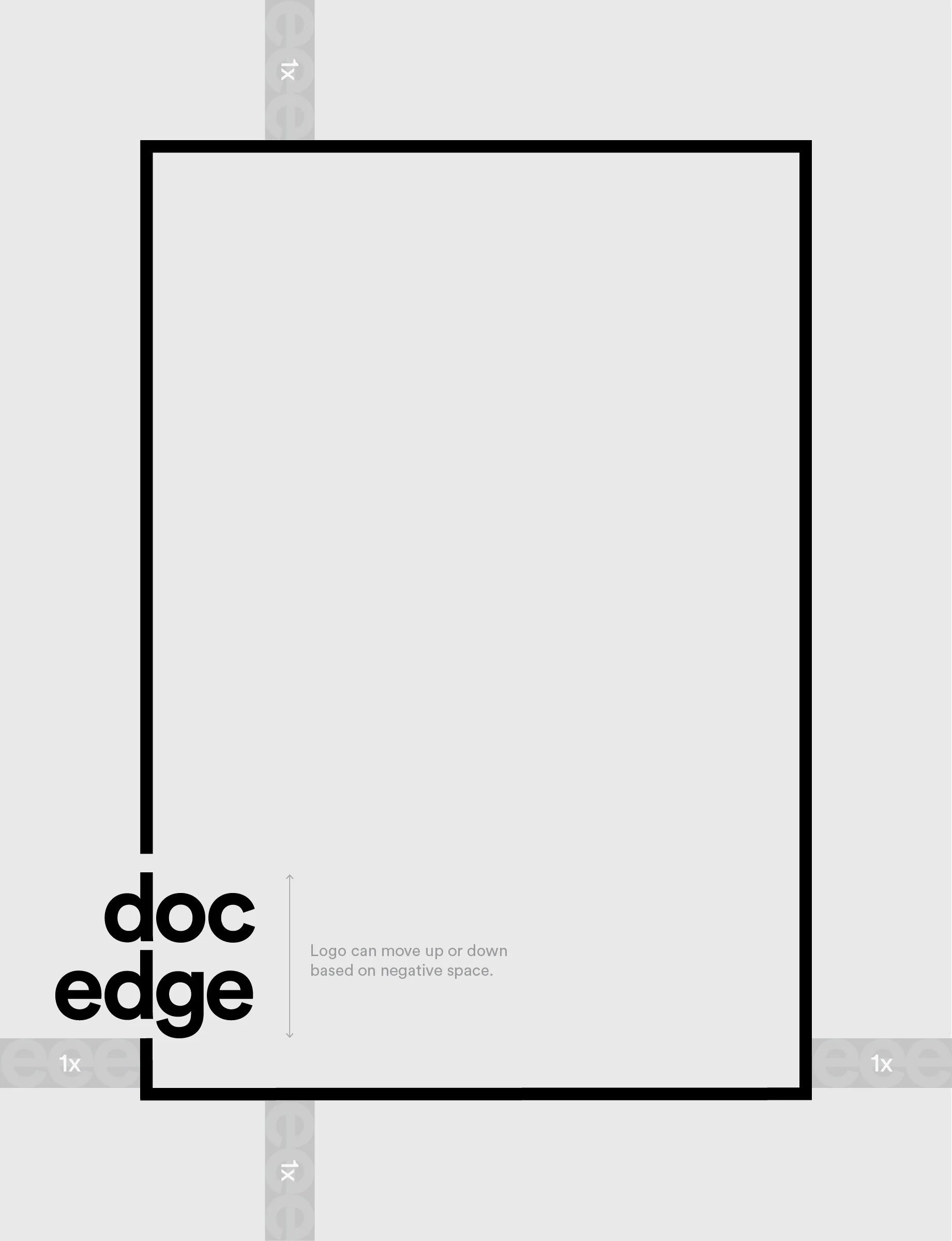 Blank document template with the words 'doc edge' in the lower left corner and instructions for logo movement. Grey background with black borders.