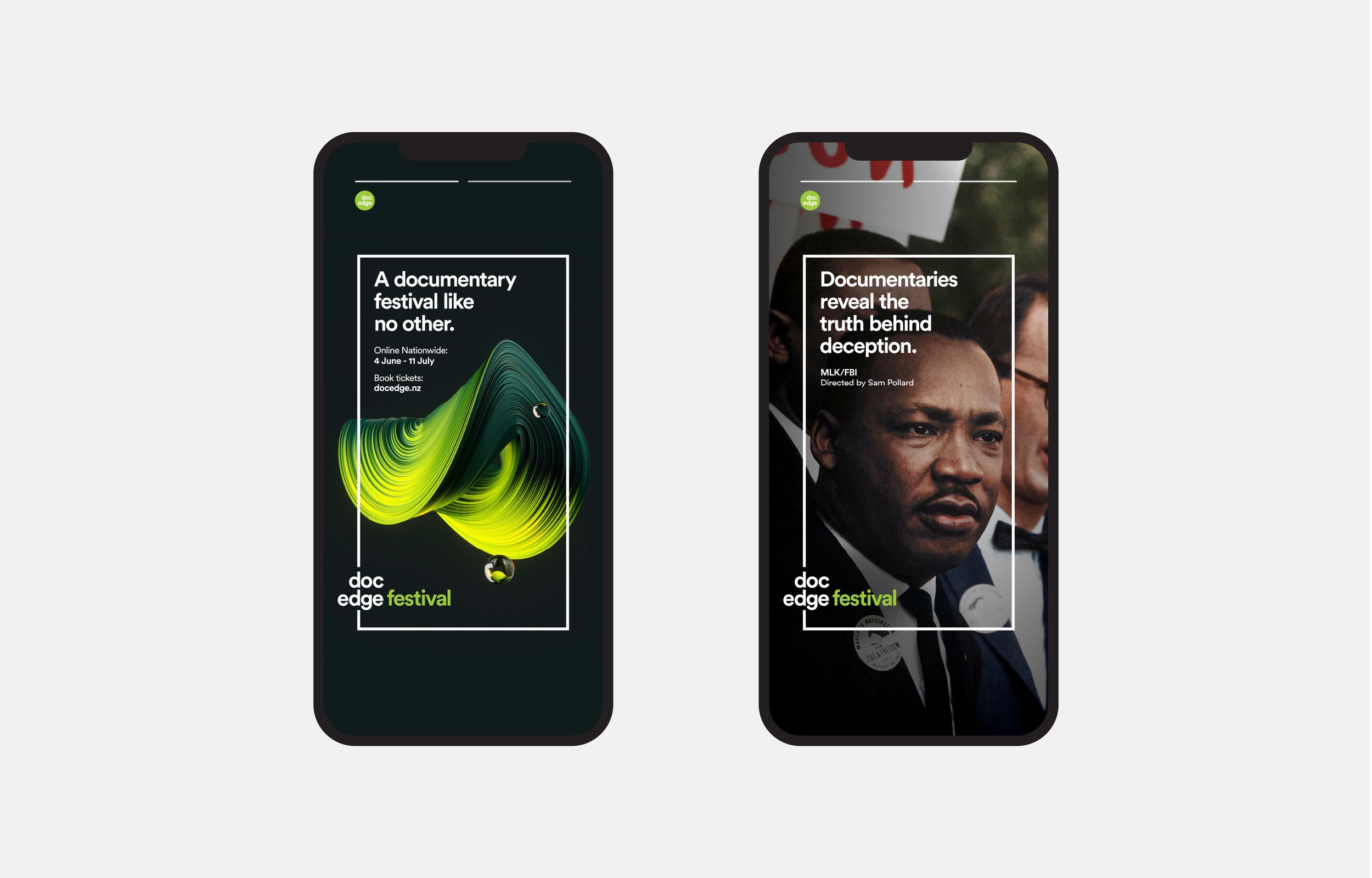 Two smartphones displaying promotional posters for the Doc Edge documentary festival, with event details and images of abstract art and a man in a suit.