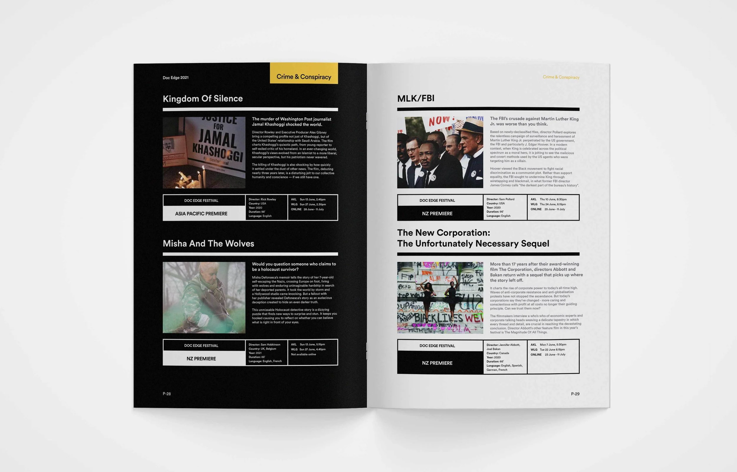 Open magazine showing pages with film and documentary listings, including titles, descriptions, images, and screening details for 'Kingdom of Silence,' 'Misha and the Wolves,' 'The New Corporation,' and 'MLK/FBI'.