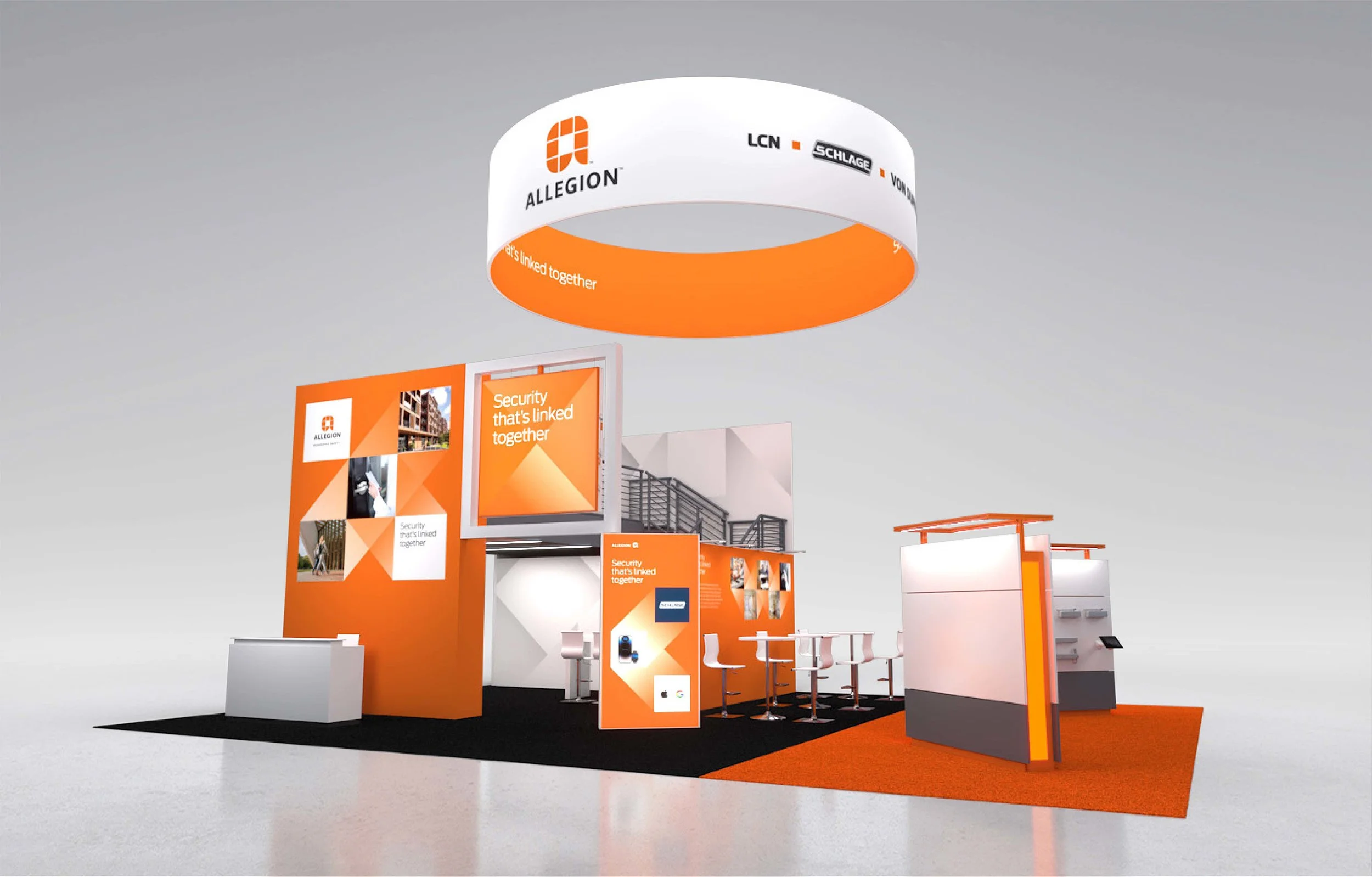 Exhibition booth with orange and white branding, featuring large screens, seating area, and promotional displays for Allegion and security technologies.