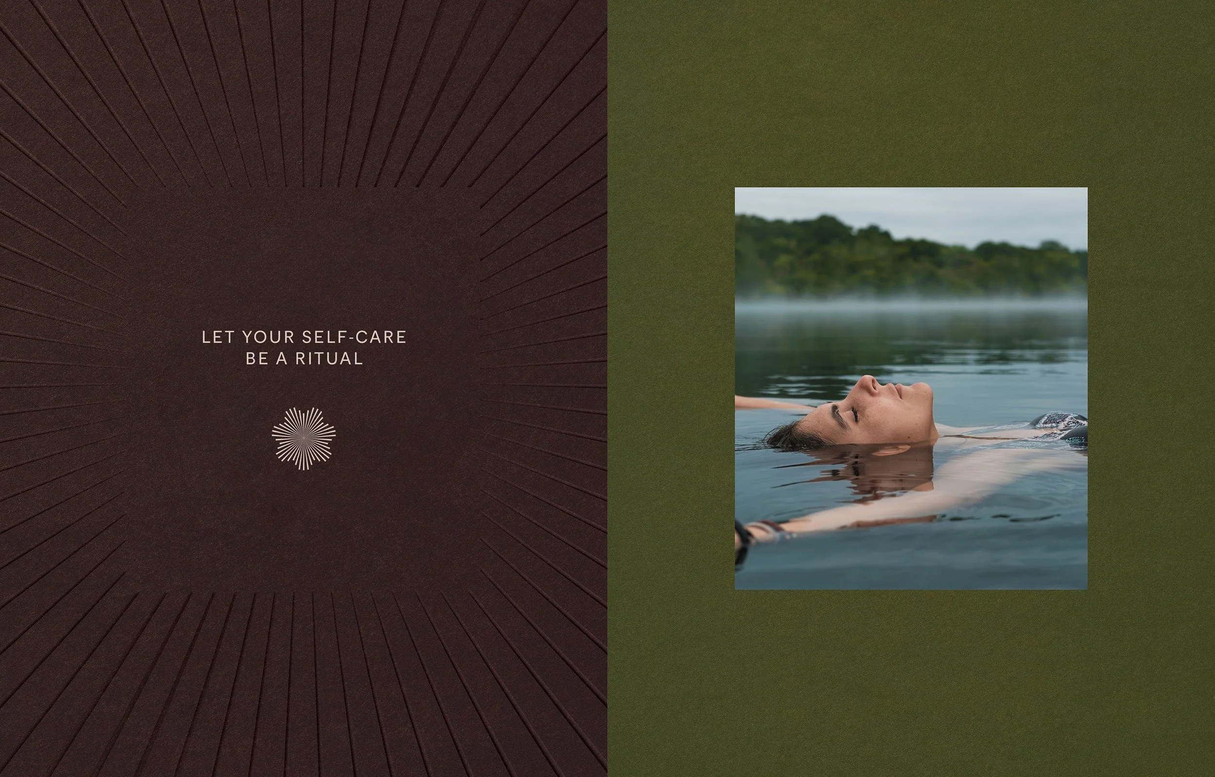 A projection screen on the left with the text "Let your self-care be a ritual" and a minimalist design. To the right, a woman floating peacefully in a lake or pond, with her eyes closed and surrounded by a natural, green landscape.