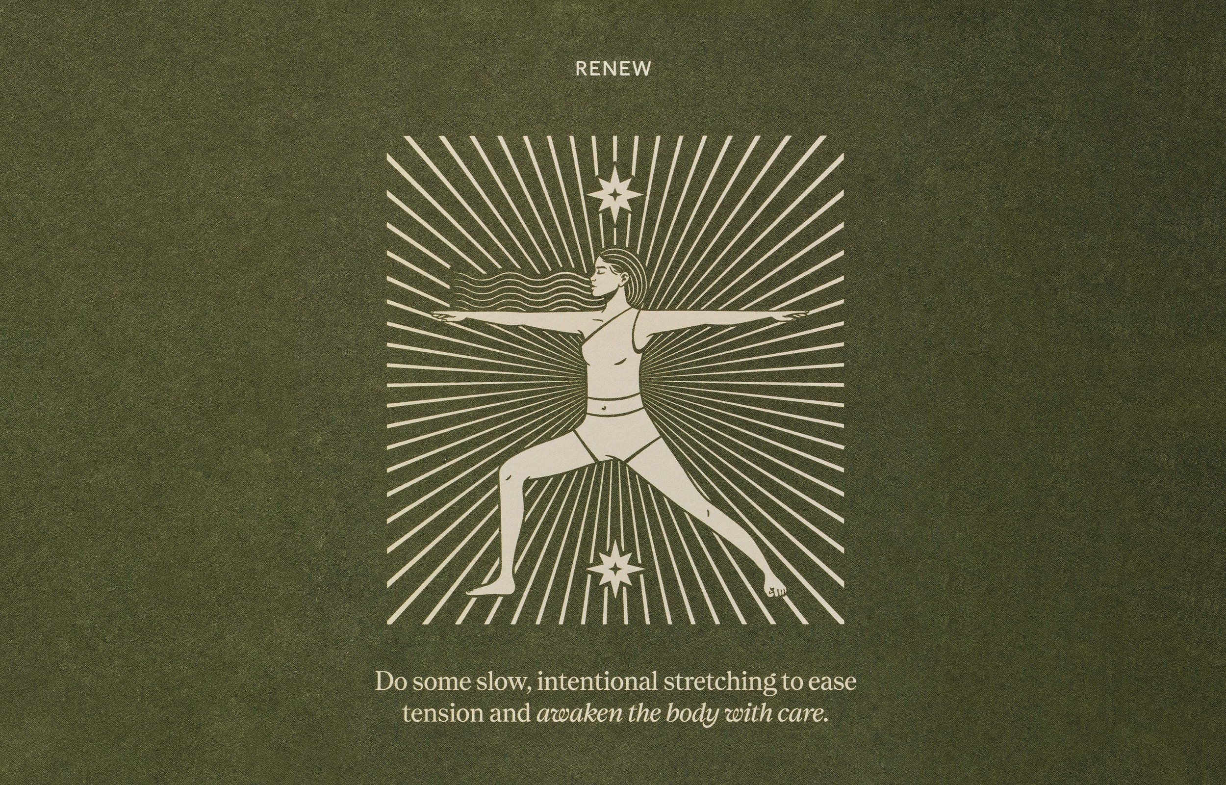 Illustration of a woman in yoga pose with arms extended, rays emanating from her and stars above and below, with the word 'RENEW' and a message about stretching to ease tension and awaken the body.