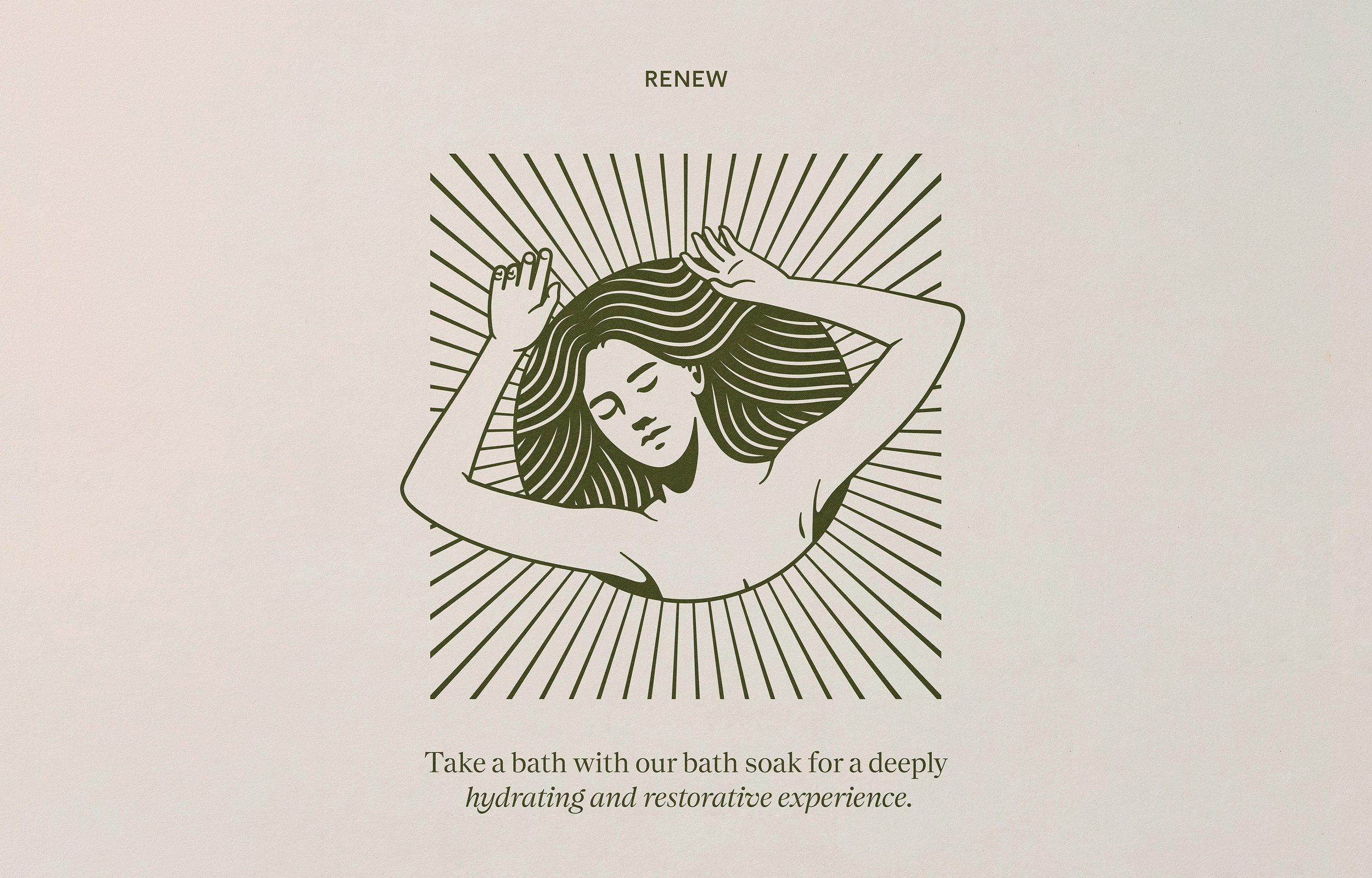Line drawing of a woman with closed eyes, long hair, lying down with arms raised, surrounded by radiating lines, with text 'RENEW' and a caption about taking a bath for hydration and restorative experience.