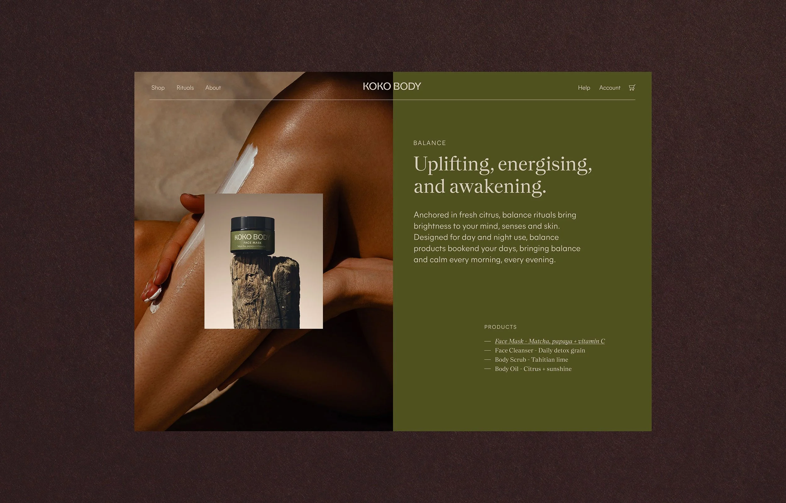 Website homepage for KOKO BODY skincare brand, featuring a woman applying a moisturizer to her arm, with product image of face mask on a piece of wood, and green background with product description and list of skincare products.