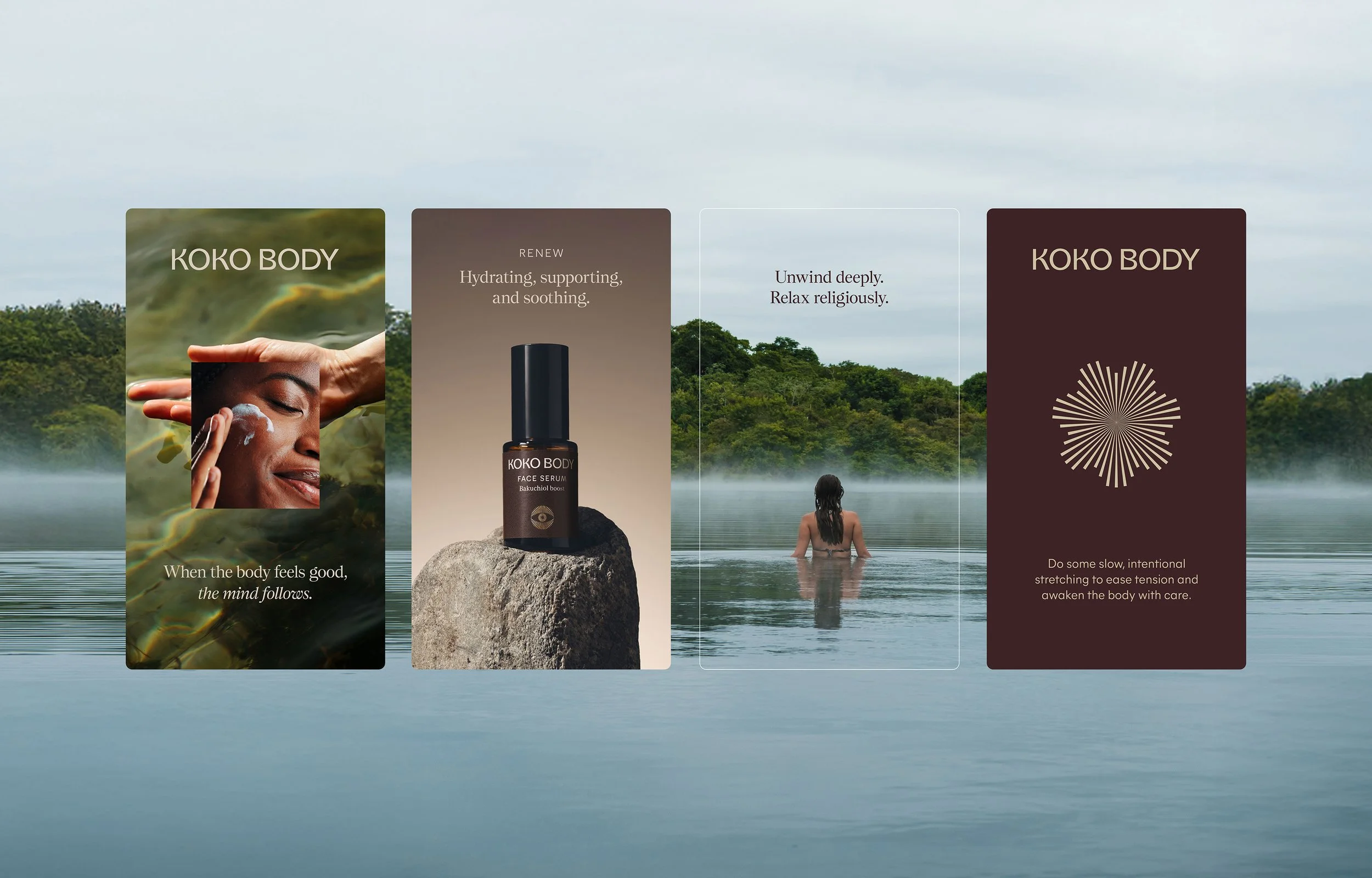 A digital advertisement for KOKO BODY skincare products set against a tranquil outdoor background of lake and trees. It features four panels with smooth, earthy tones and imagery of a woman applying skincare, a face serum, a woman relaxing in the water and a graphic design element. The text promotes relaxation, hydration, and mindful stretching.