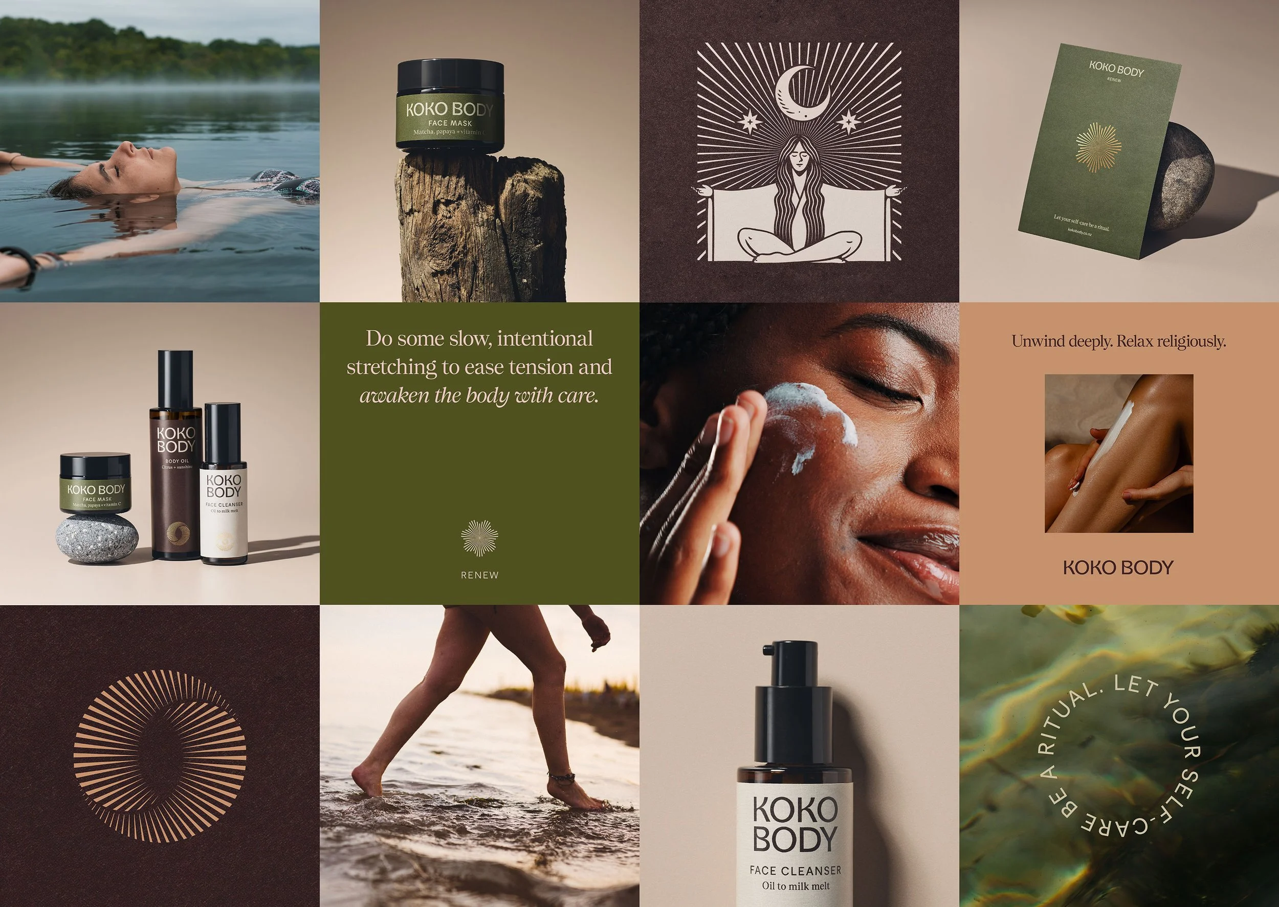 A collage of images promoting self-care and skincare products from KOKO BODY, including scenes of a woman floating in a lake, skincare products, a woman applying cream, and calming natural scenes with text encouraging relaxation, mindful stretching and ritualistic self-care.