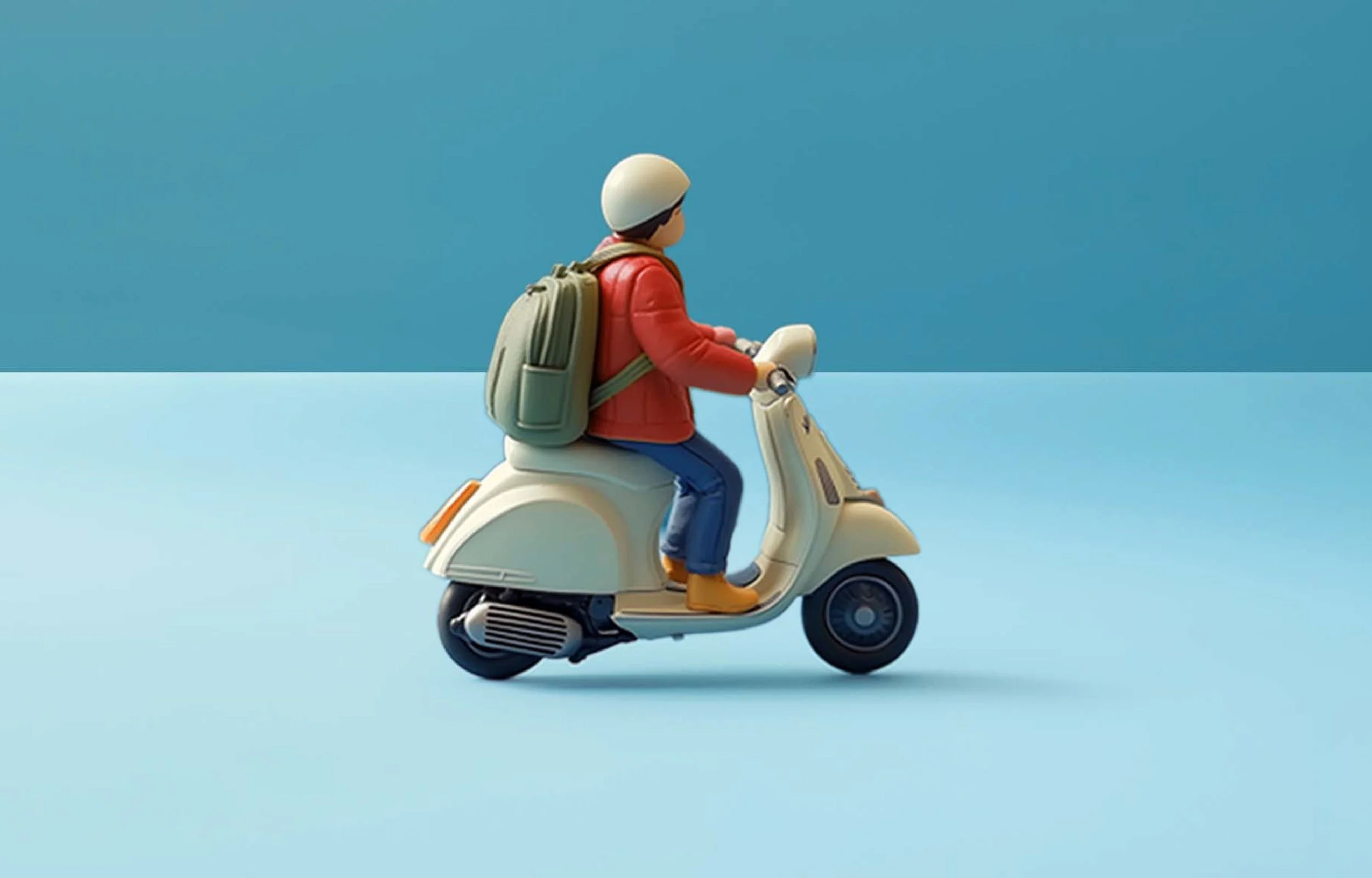 A toy figurine of a person in a red jacket, blue jeans, orange boots, and a white helmet riding a cream-colored scooter with a green backpack, against a simple blue background.