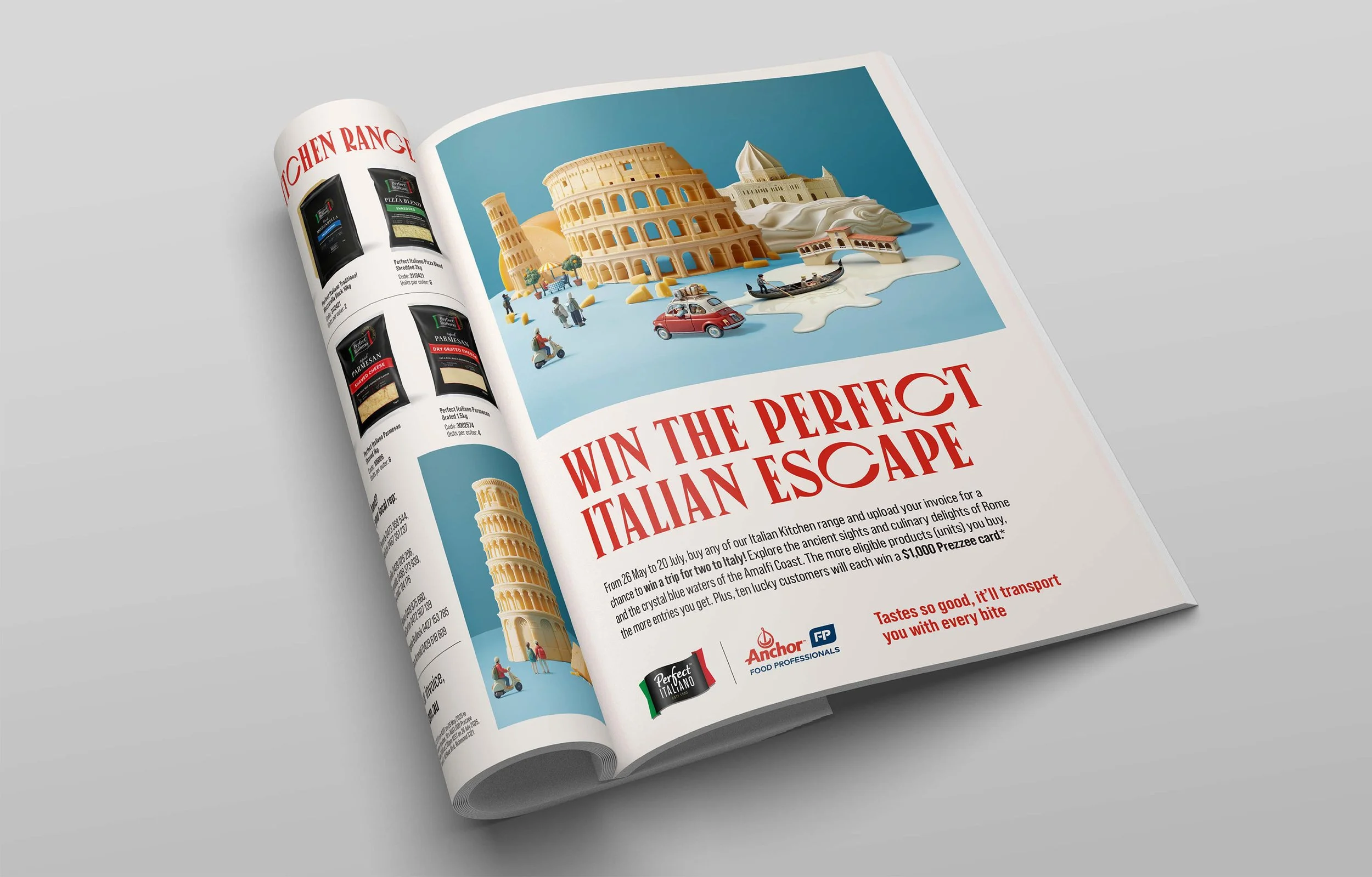 Magazine page advertising a contest to win an Italian escape, featuring illustrations of the Colosseum, Leaning Tower of Pisa, and other Italian landmarks, with text about the contest and logos of brands.