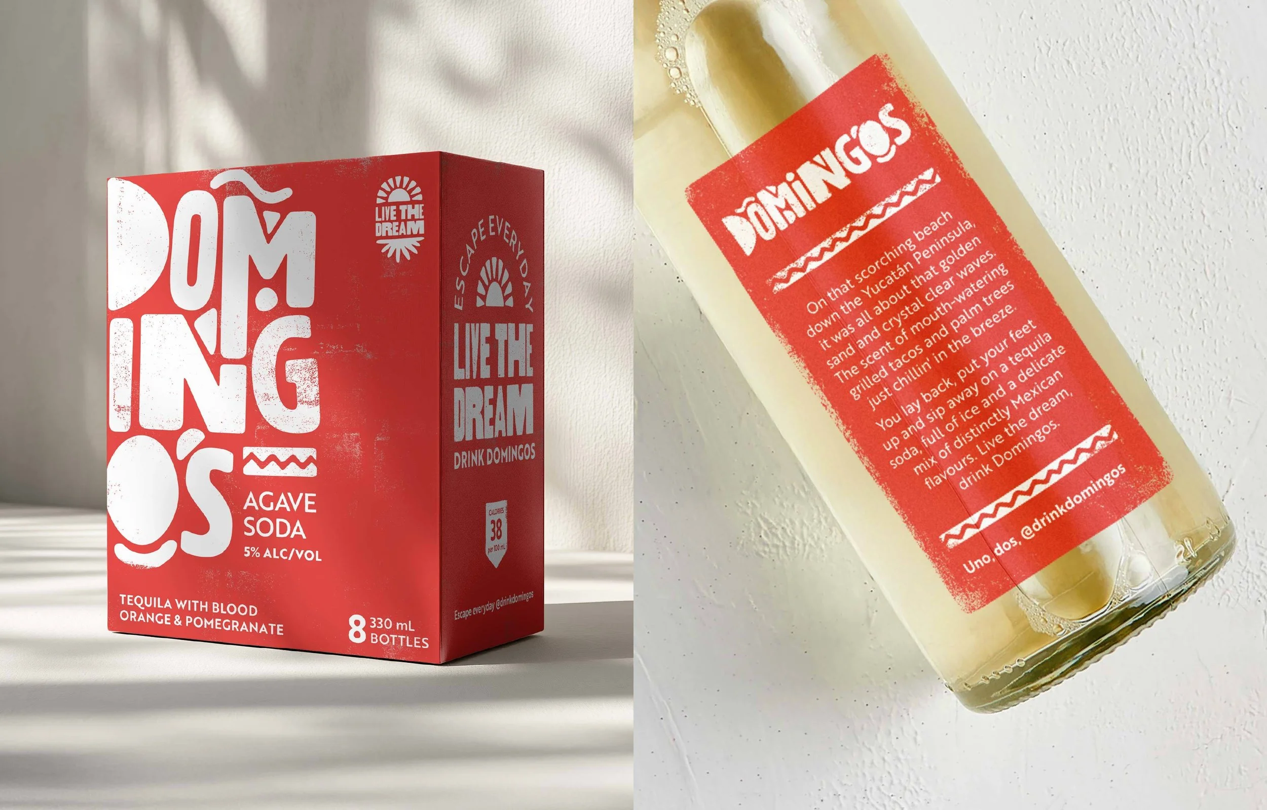 A red box of Domingos Agave Soda with white and red text, and a clear glass bottle of the same soda showing a red label with white text describing a beach scene and the drink's flavour.
