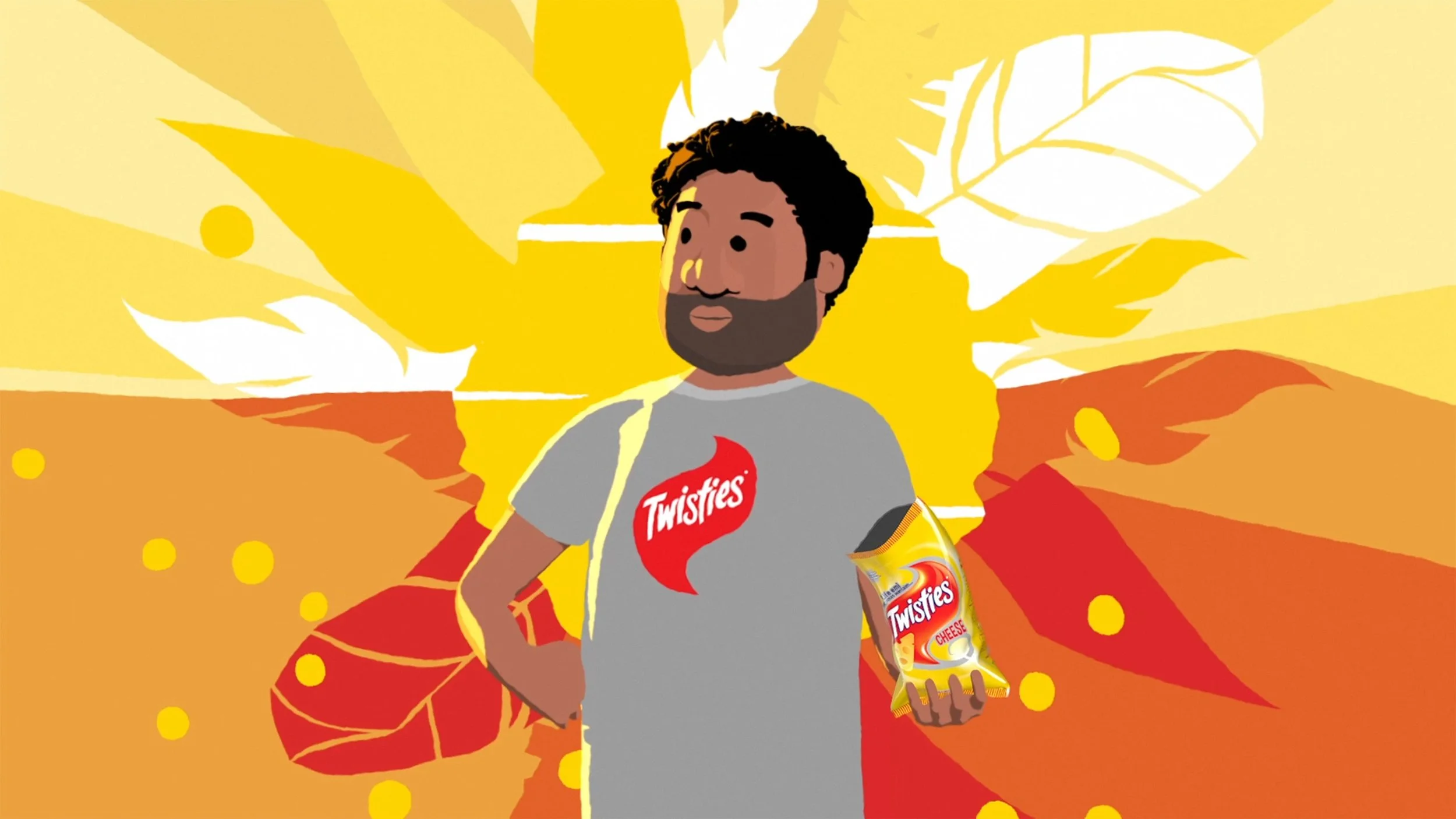 Animated person with a beard holding a bag of Twisties cheese flavored snack, standing in front of a bright yellow and orange background with large abstract leaf shapes.