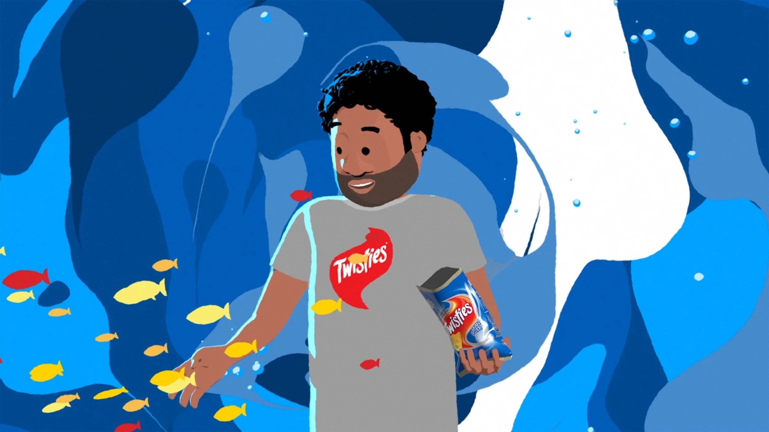 An animated man with dark curly hair and a beard, wearing a gray Twisties t-shirt, is holding a pack of Twisties chips in one hand and is surrounded by animated small fish, with a blue abstract underwater background.