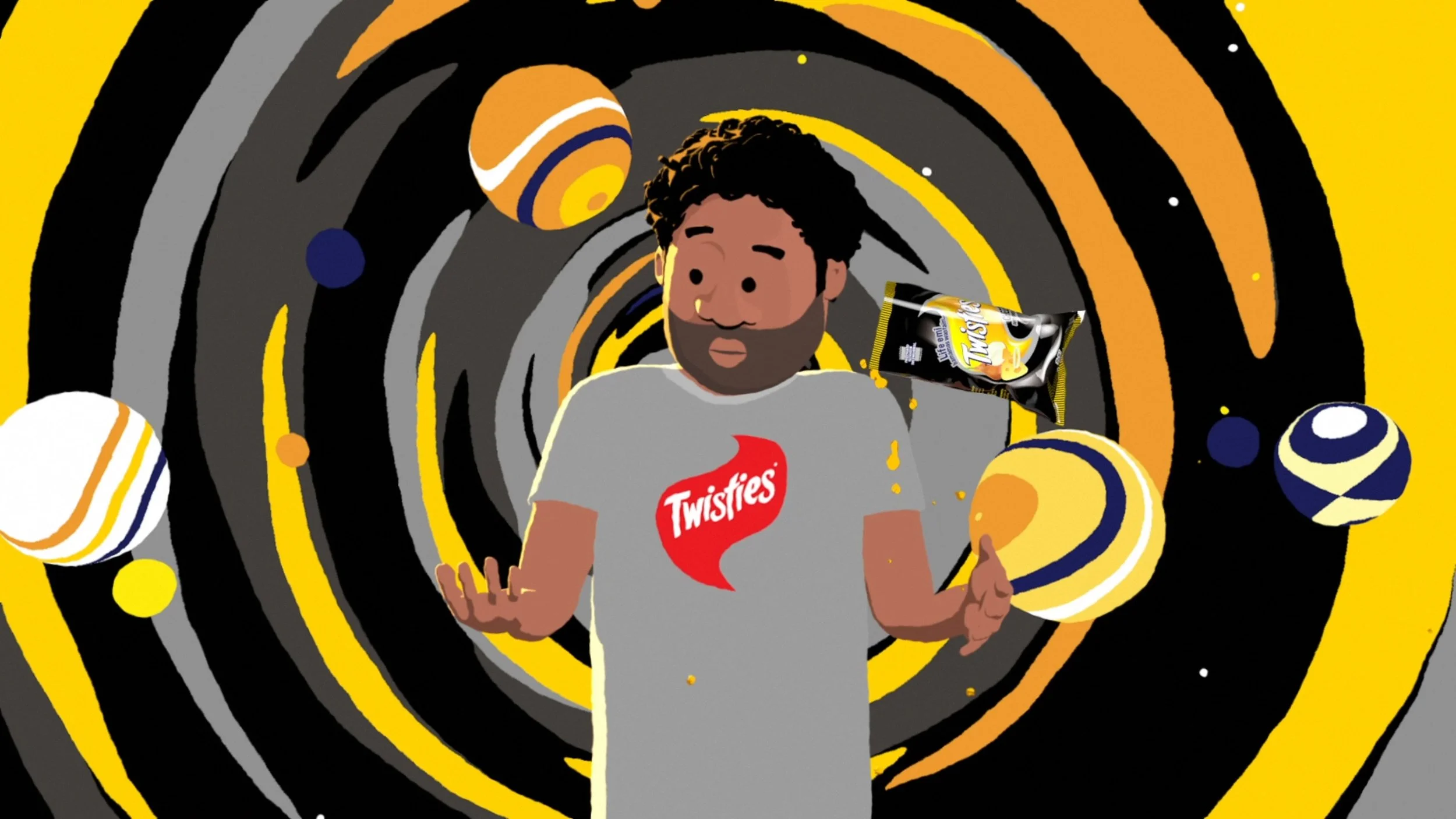 Digital illustration of a man with a beard and curly hair, wearing a gray Twistes t-shirt, in a swirling cosmic background with planets and a Twisties chip bag.