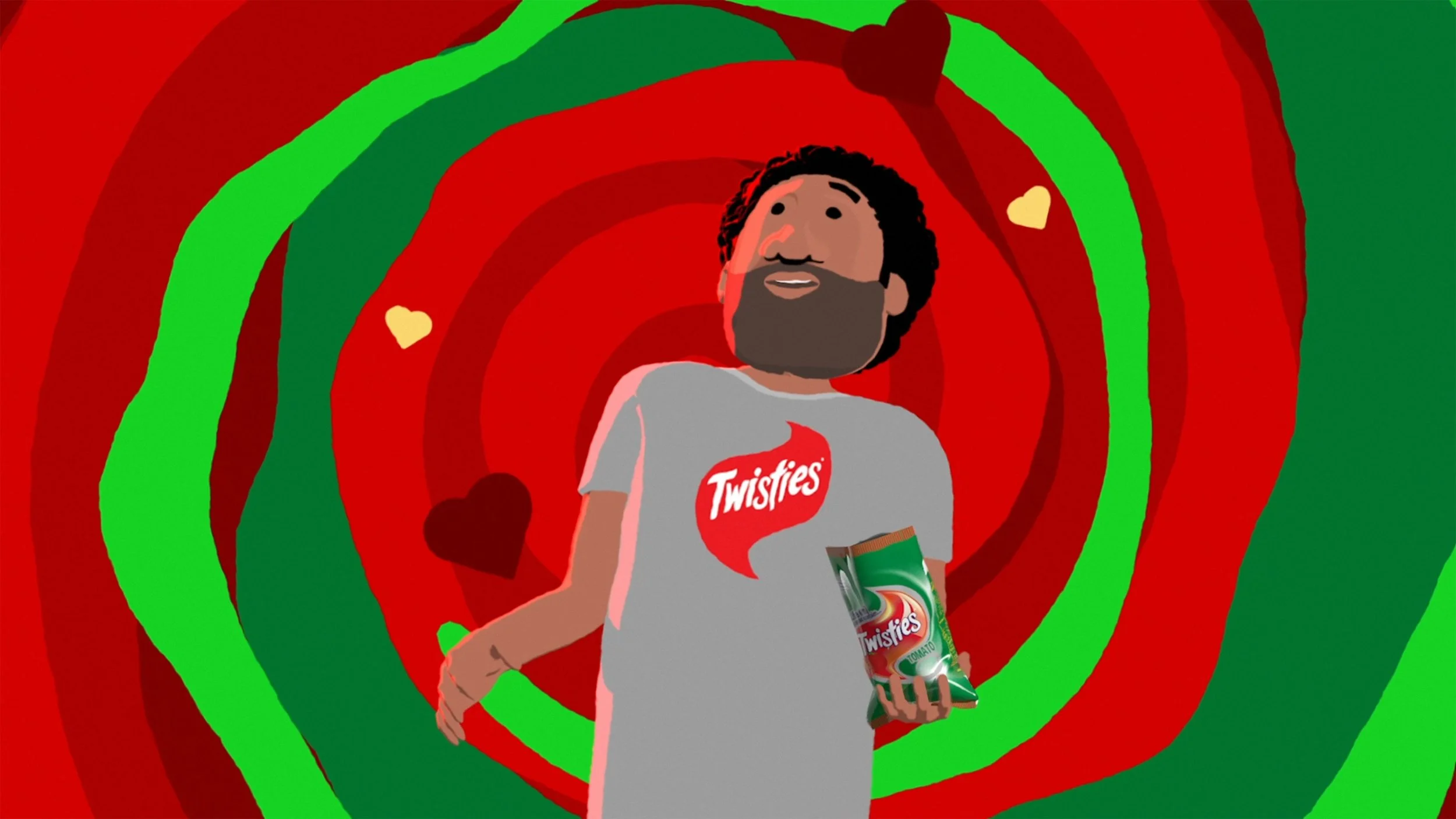 A cartoon man with a beard and curly hair standing in front of a red and green swirling background, holding a bag of Twistees snack chips.
