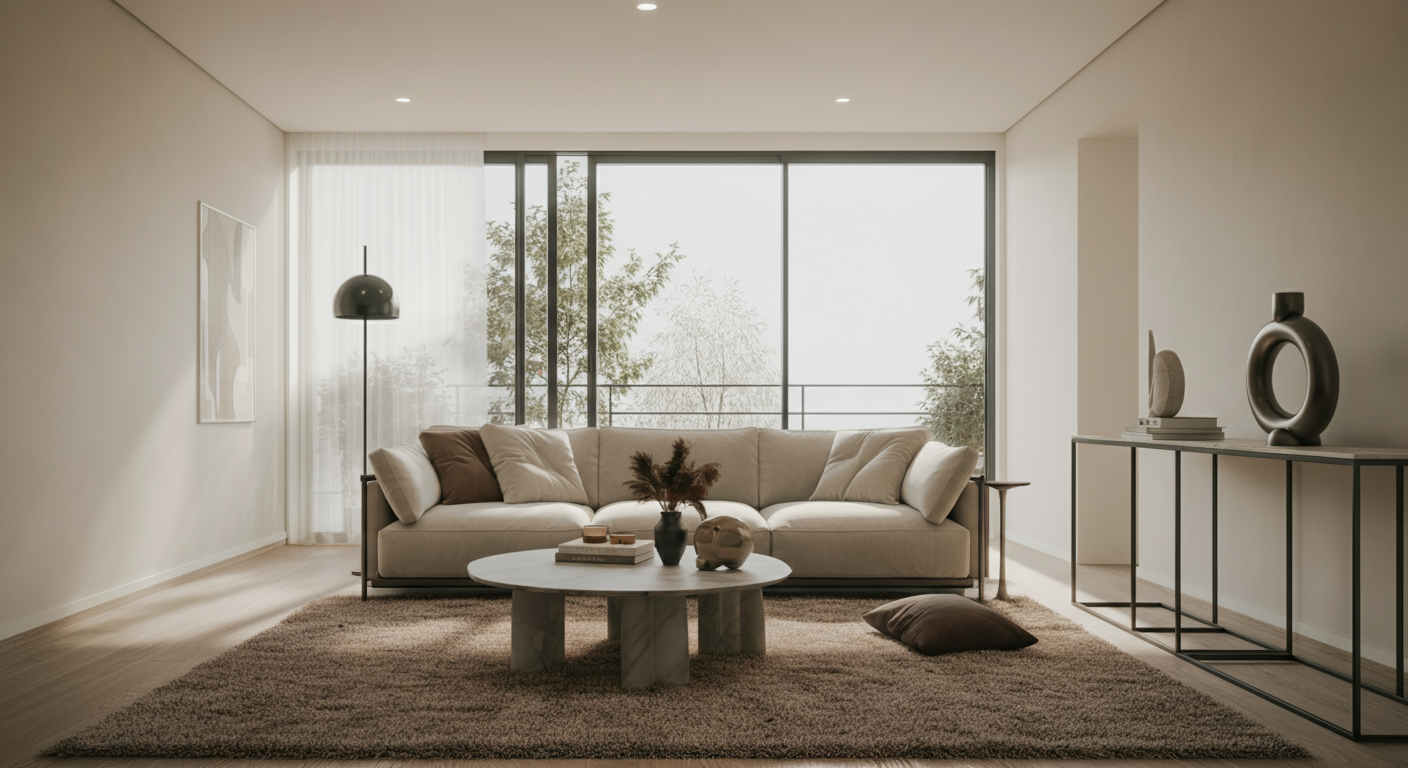 Minimalist living room with a beige sofa, coffee table, and decorative objects, large window with sheer curtains, neutral color palette.