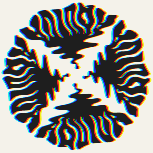 Multicolored, distorted circular pattern resembling a brain or a stylized eye, with vibrant red, blue, and yellow outlines around a black shape on a light background.