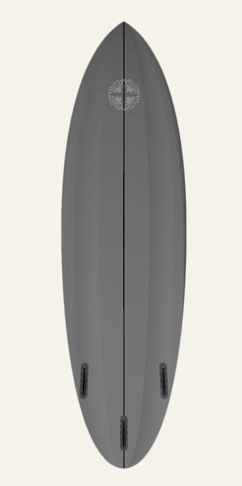 A gray surfboard with a circular logo near the top, positioned vertically against a plain, light background.