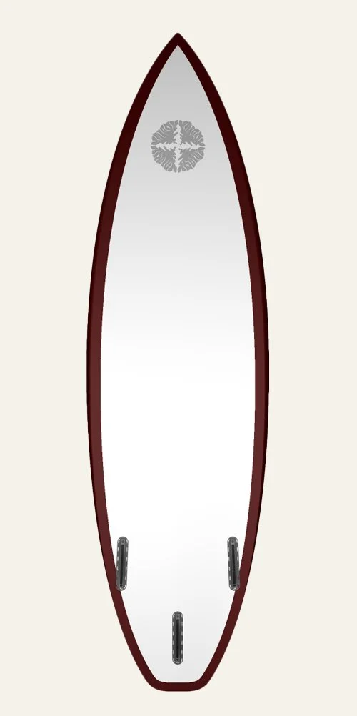 unfazed surfboard by aquiva - photo is of the bottom of the board. the surfboard has red rails and white bottom with a grey aquiva logo near the nose