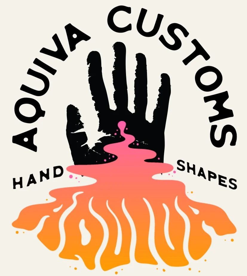 A black handprint with pink liquid flowing from the center, blending with an orange and pink abstract shape below, with the words "AQUA CUSTOM" curved around the top and "HAND SHAPES" curved around the bottom.