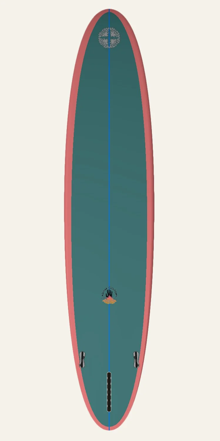 An Aquiva surfboard with a teal deck, a pink edge, and a logo in the middle featuring a black hand with a rainbow-colored wave underneath.