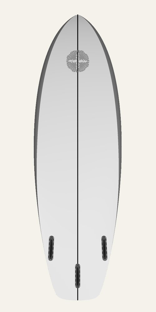 the beach rat surfboard by aquiva. Image is of the bottom of the surfboard with 3 fin plugs