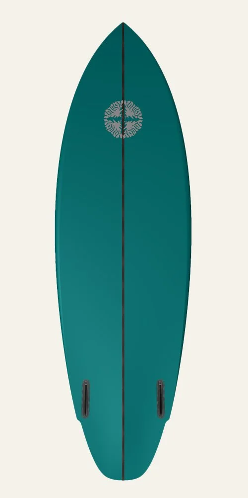 The spesh surfboard by aquiva. Photo is of the bottom of the board. The surfboard is painted green with a grey aquiva logo near the nose
