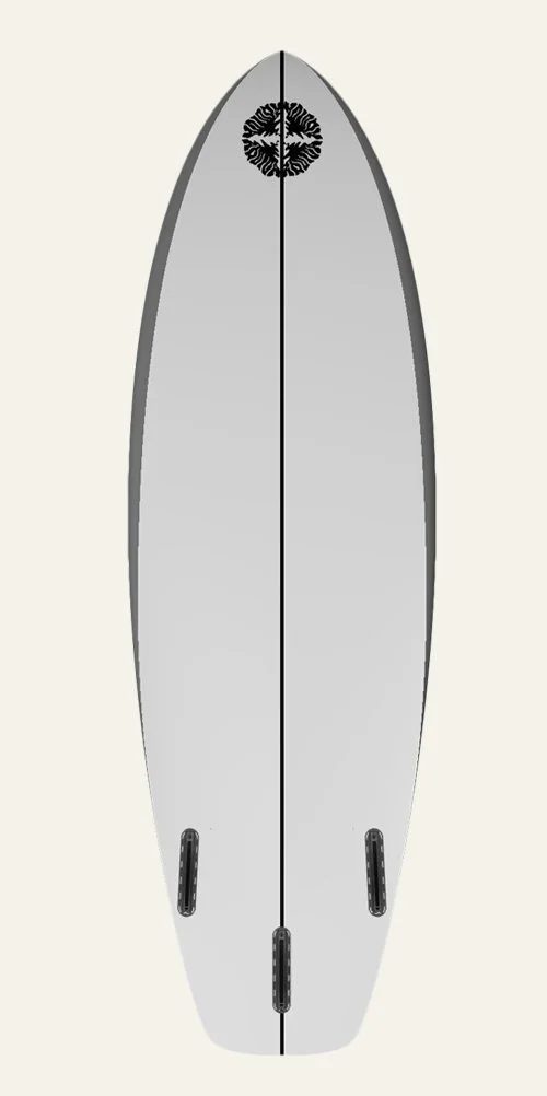 A white surfboard with a black and white leaf logo at the top and three black fins at the bottom.