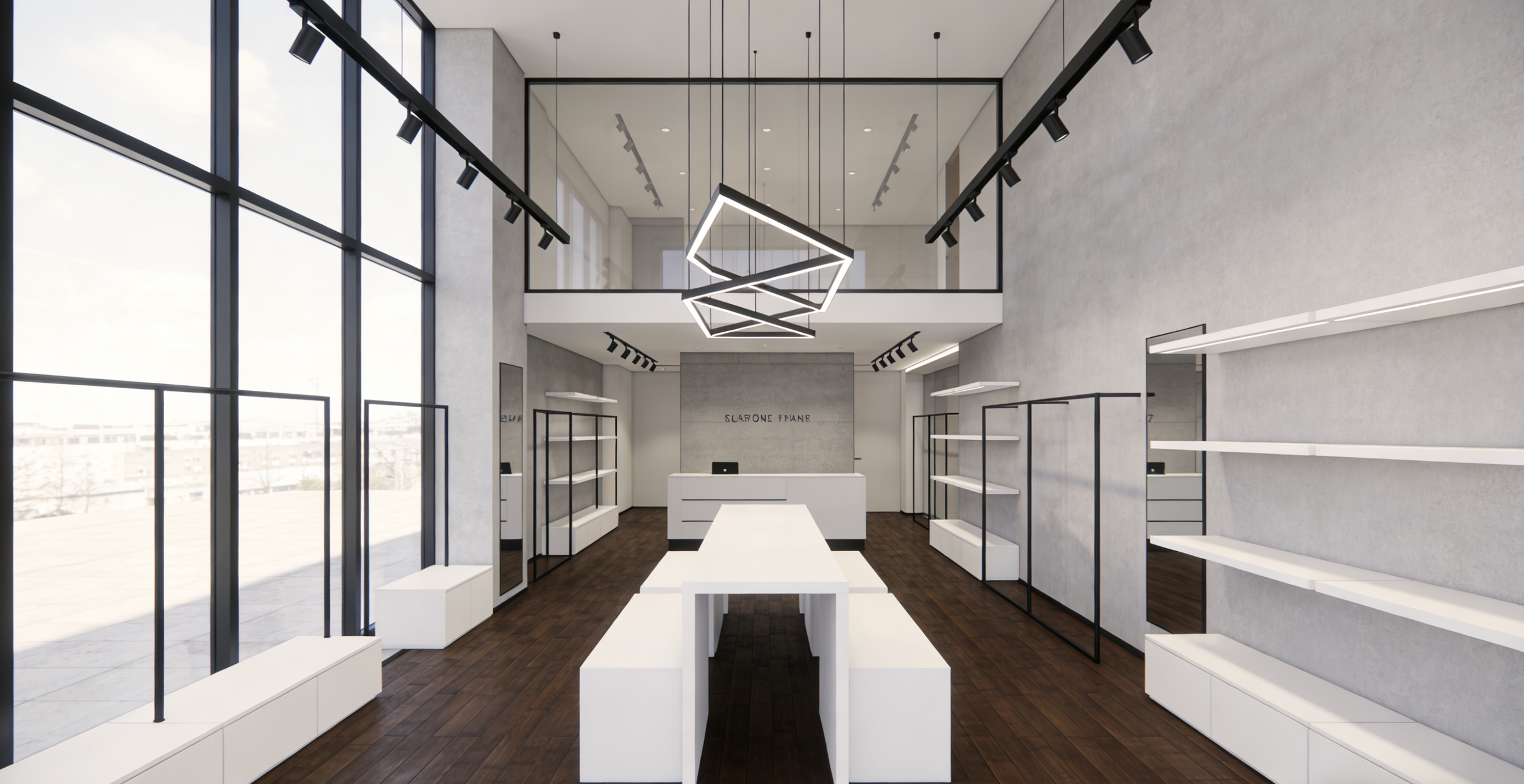 Empty retail store with large windows, modern black and white shelving, and a unique geometric chandelier