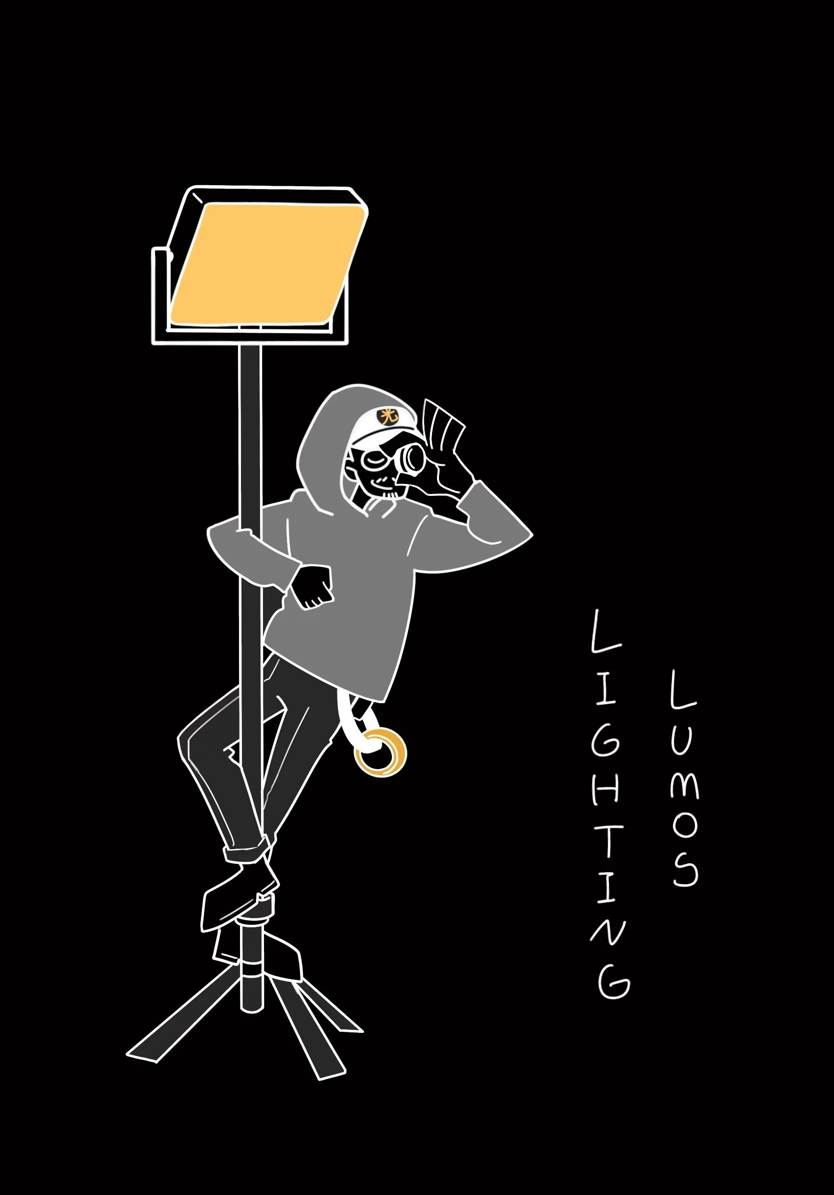 A stylized digital illustration of a person wearing sunglasses and a hoodie, looking through binoculars, standing next to a light stand, with the phrase 'Lighting Lums' written vertically beside them.