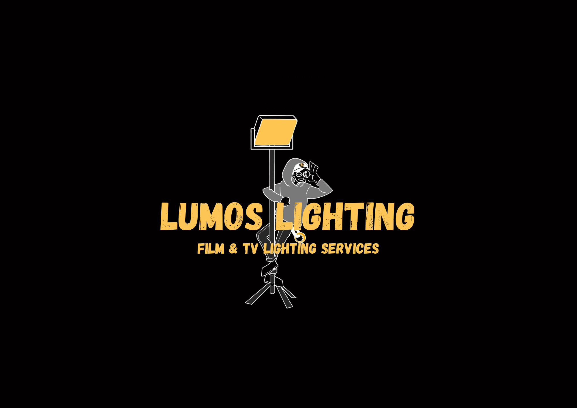 Logo for Lumos Lighting featuring a stylized skeleton figure with a hoodie, sunglasses, and headphones, standing next to a large studio light on a stand, with text "Lumos Lighting" and "Film & TV Lighting Services" in yellow on a black background.