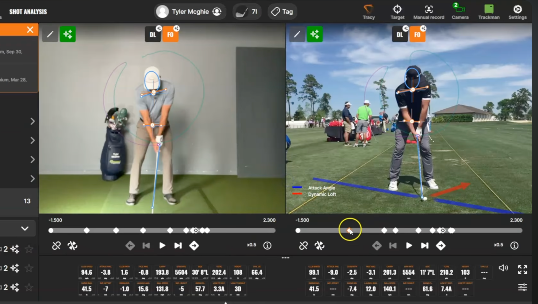 Golf swing analysis software interface showing a golfer's stance and swing data, with a split view of indoor and outdoor shots, including visual overlays of attack angle and dynamic loft.