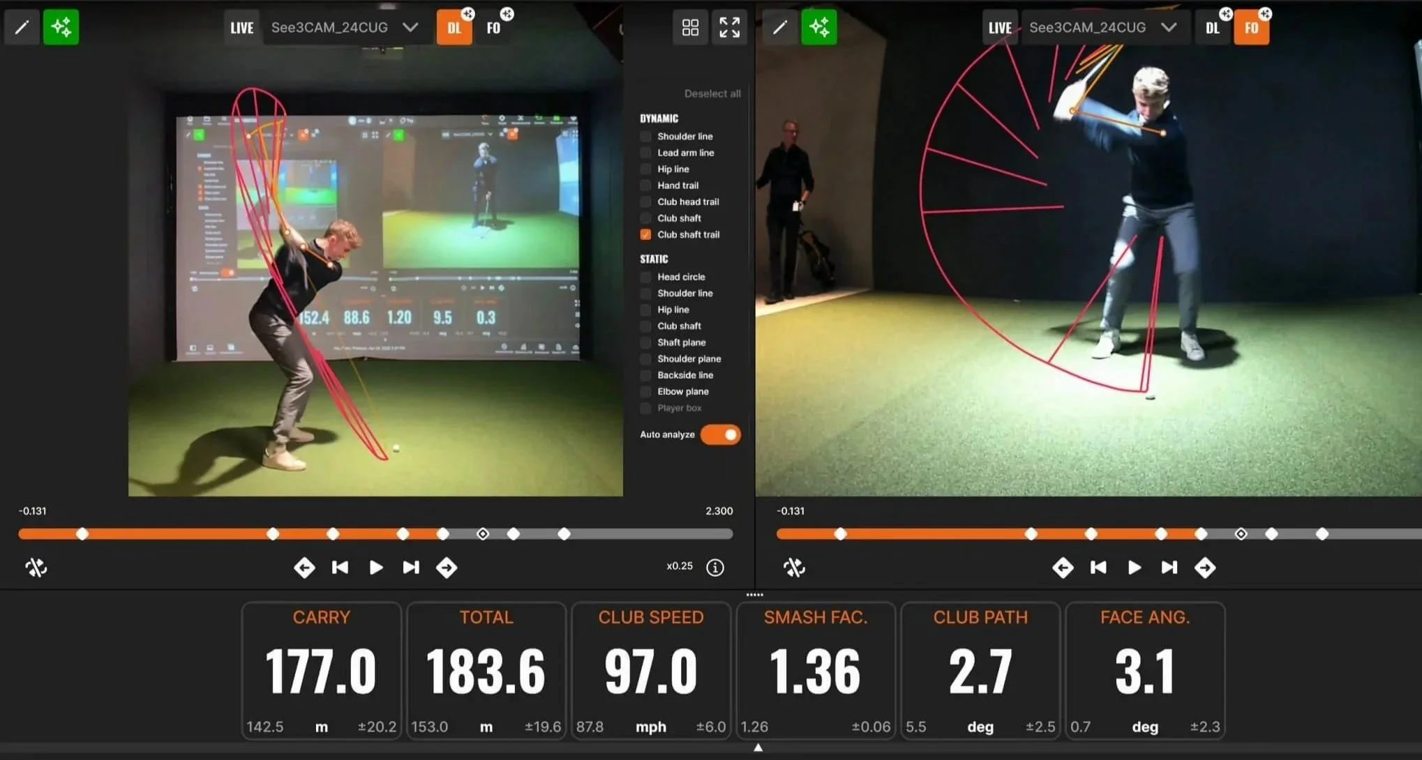 Screenshots of a golf swing analysis software showing two different golf swings with red lines and arc overlays indicating the swing paths and angles. The images include a person practicing golf indoors with a green mat, a large display screen, and various performance metrics at the bottom.