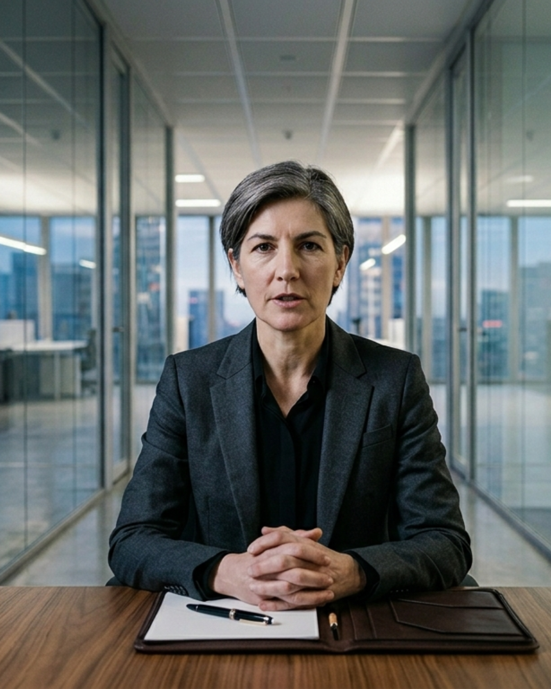 A woman in professional attire seated alone at a boardroom table, hands clasped, direct eye contact — composed, certain, and fully present.