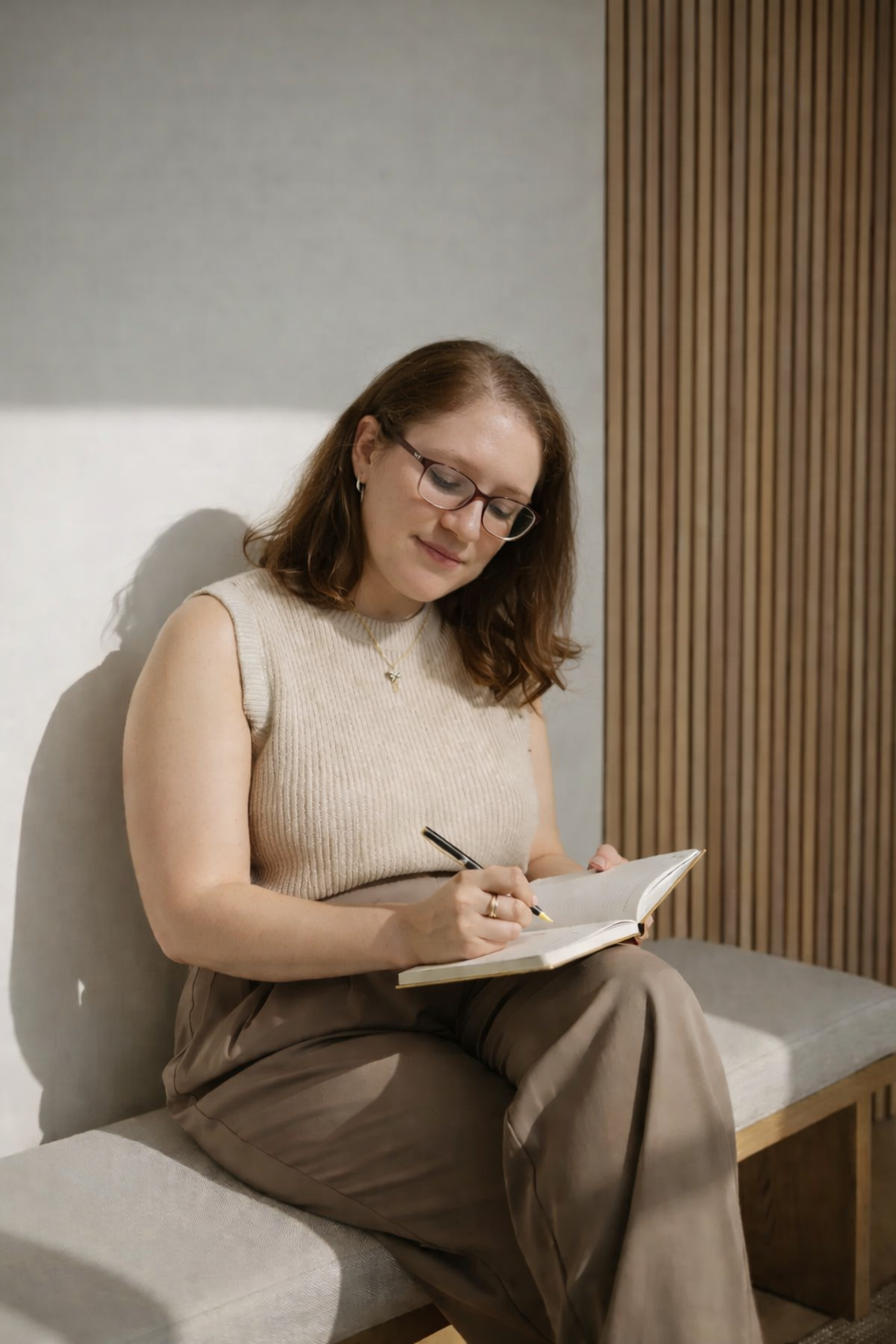 Brianna Fox, leadership coach and founder of The Direct Standard, seated on a bench writing in a notebook with a pen, wearing a neutral sleeveless top and glasses in soft natural light