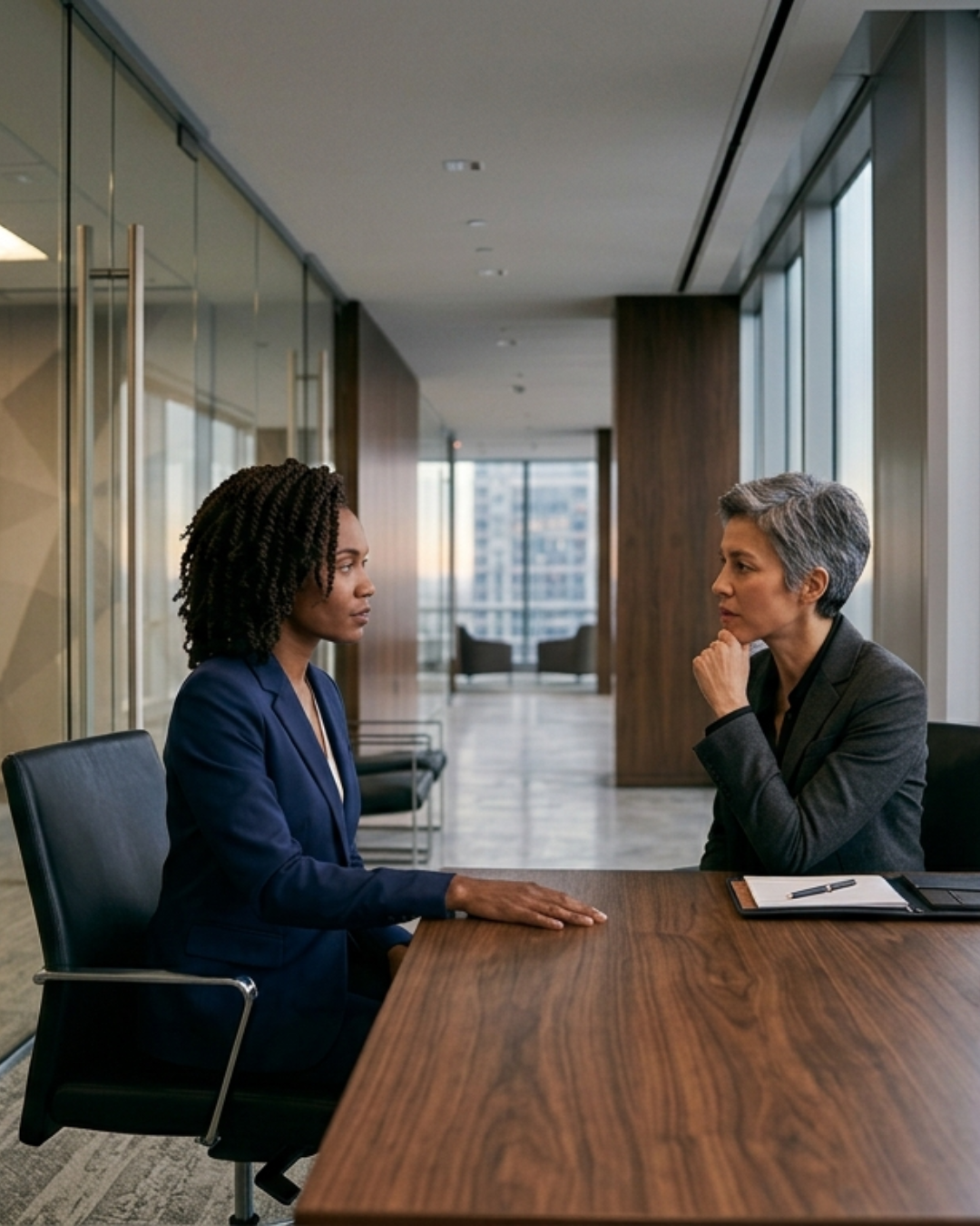 Two women in professional attire seated across a boardroom table in direct, focused conversation — one listening, one engaged with quiet authority.