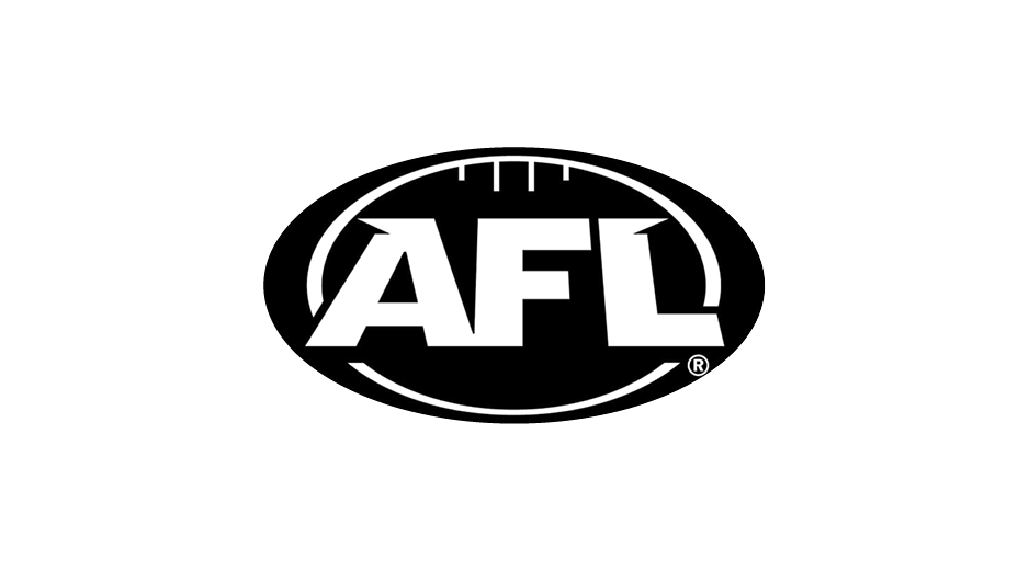 Black background with the AFL (Australian Football League) logo in the center, featuring bold white letters and an oval shape outline.