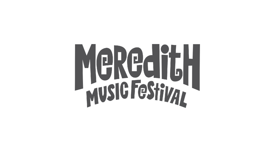 Graphic design with the words 'MERCEDITH MUSIC FESTIVAL' in stylized, curved font on a black background.